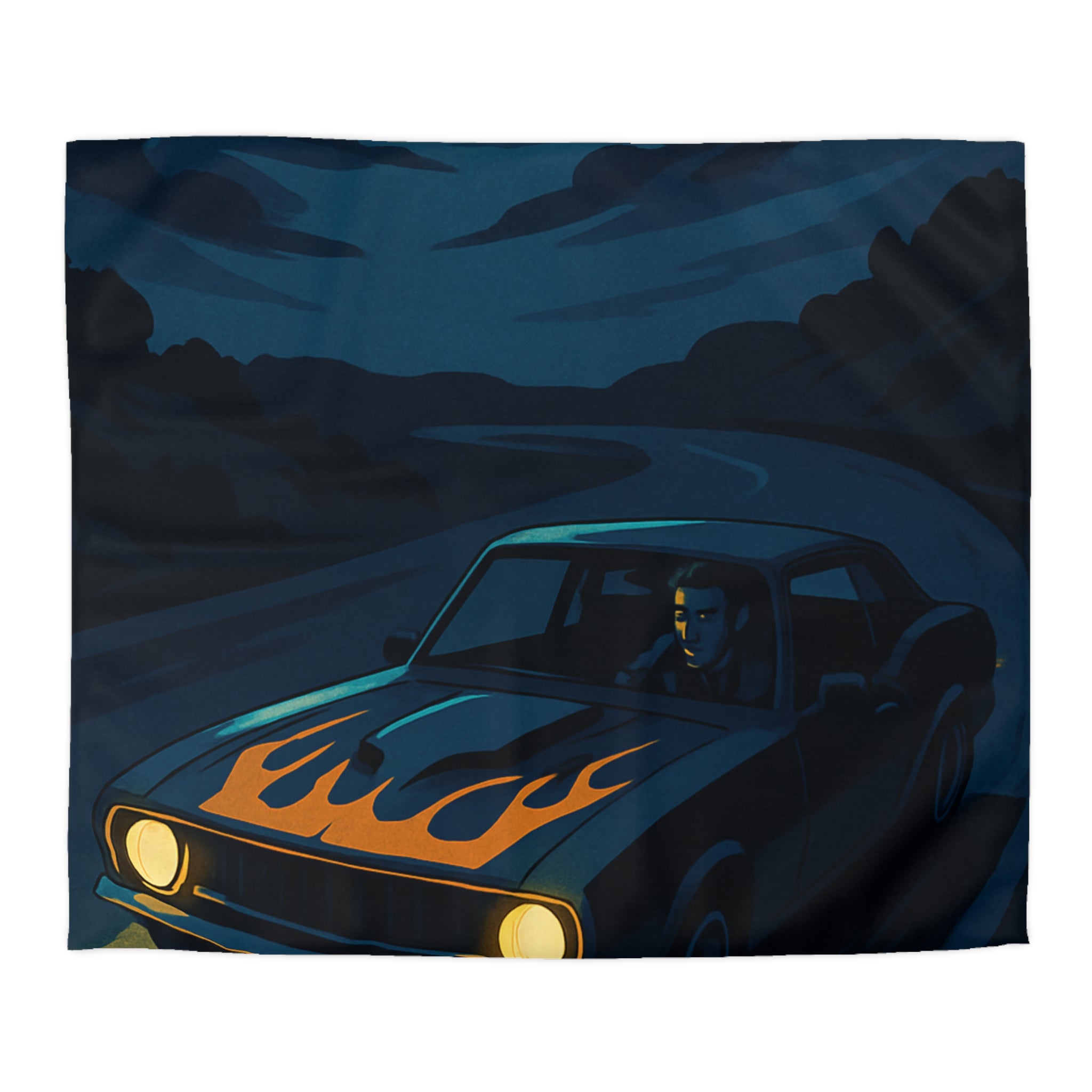 Housse de couette vintage voiture nocturne avec lune et flammes sur capot