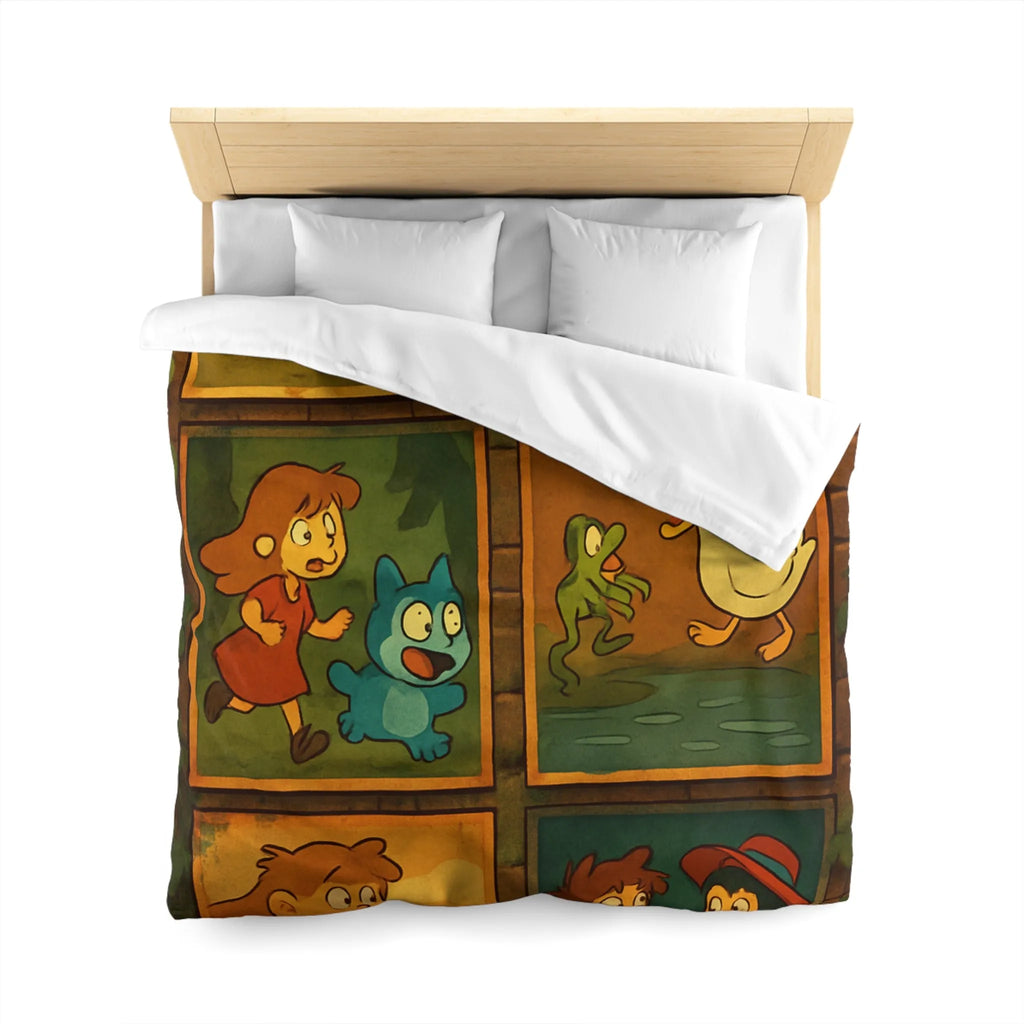 Housse de couette illustrée de scènes animées animalières et humaines ludiques et colorées