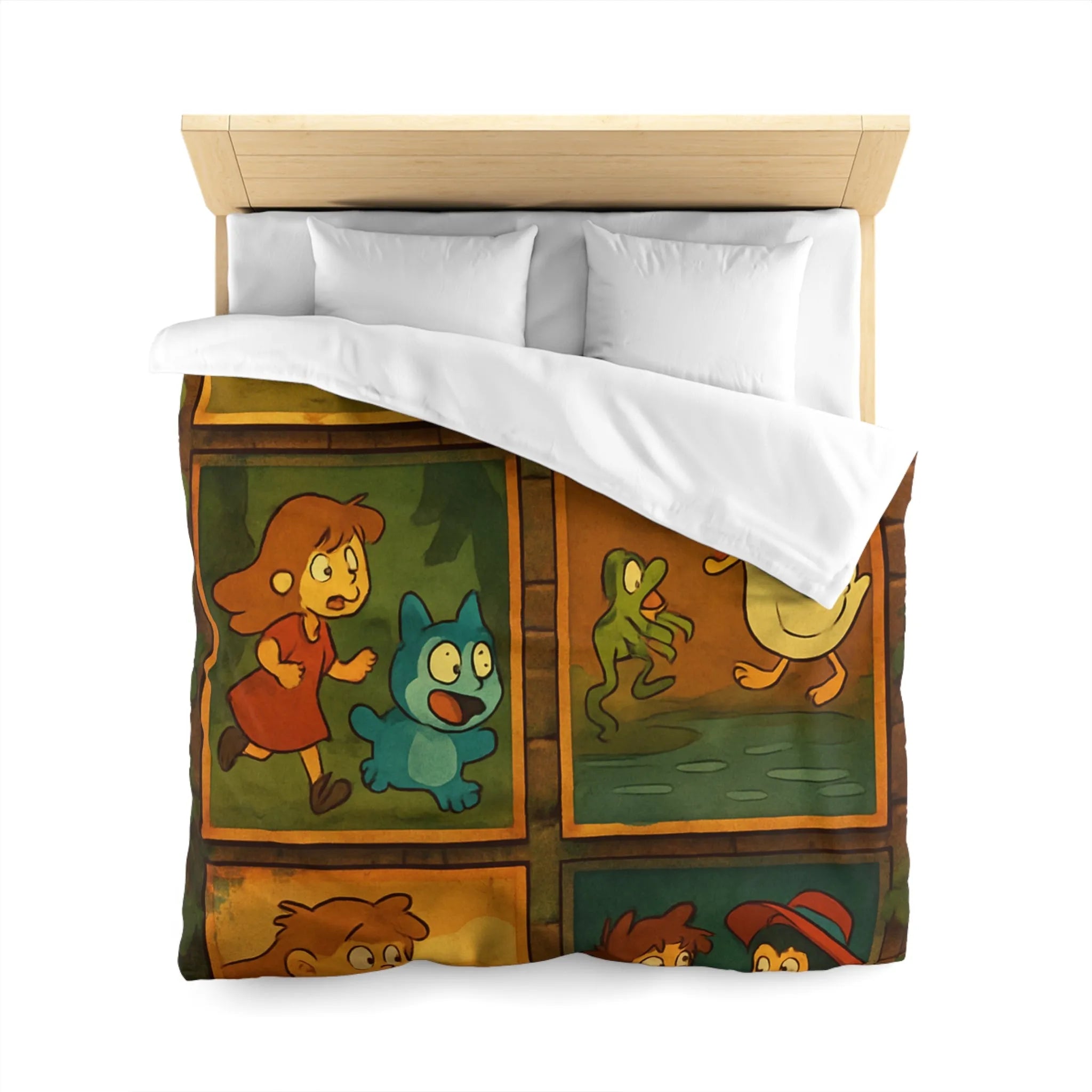 Housse de couette illustrée de scènes animées animalières et humaines ludiques et colorées