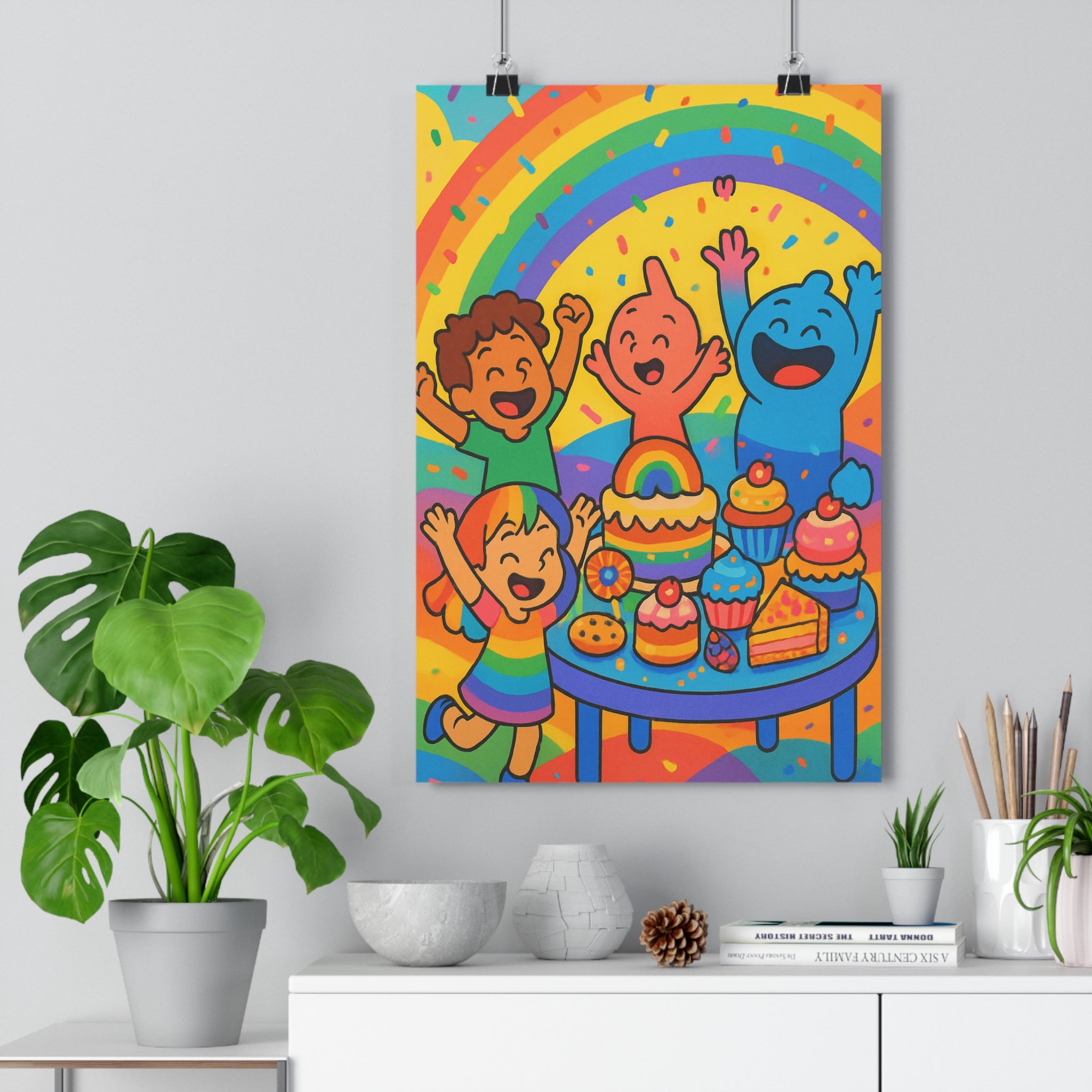 Poster décoratif festif coloré joyeux animé enfants gâteau arcenciel moderne vibrant chambre salon qualité