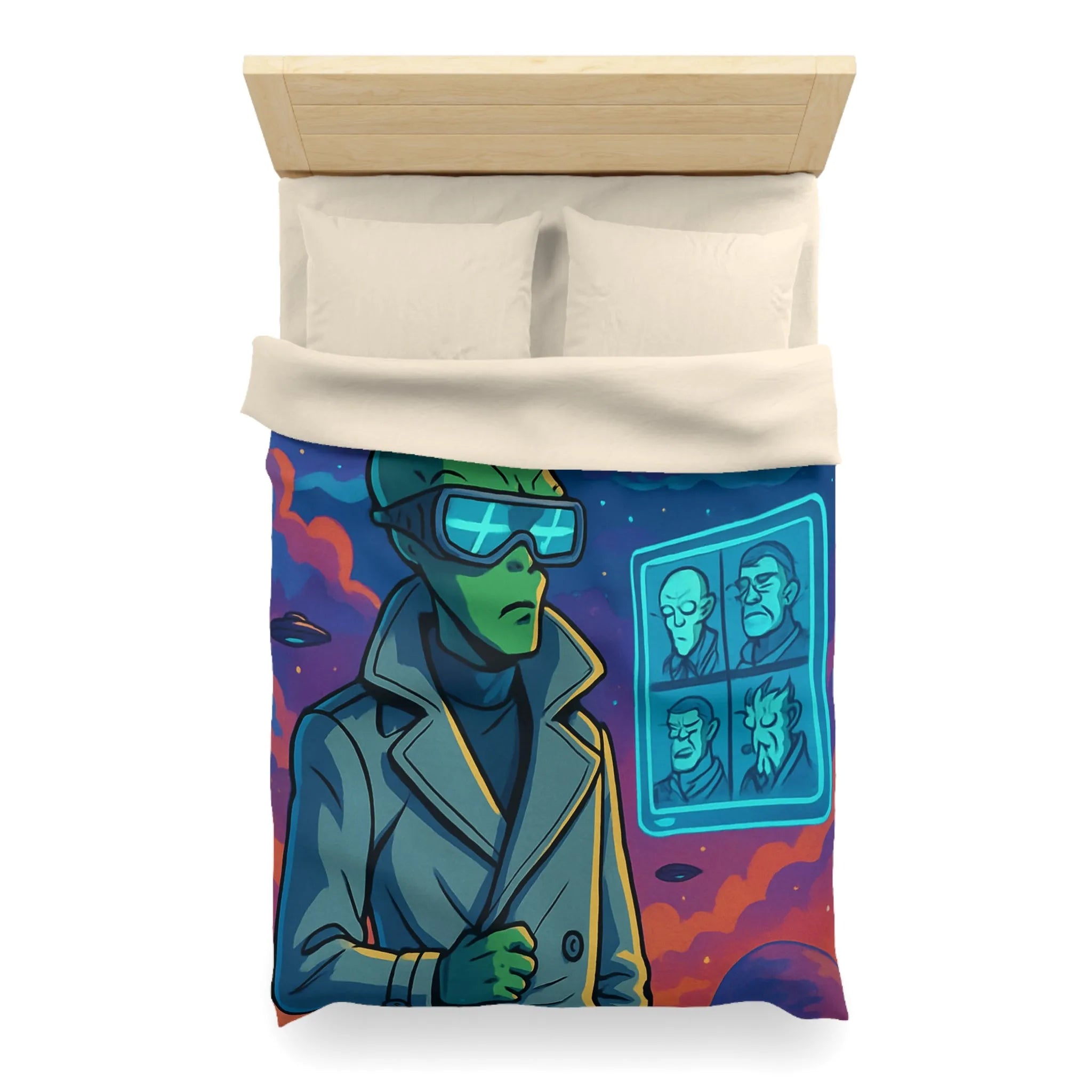 Housse de Couette Futuriste avec Alien et OVNIs, Style Bande Dessinée Colorée Science-Fiction