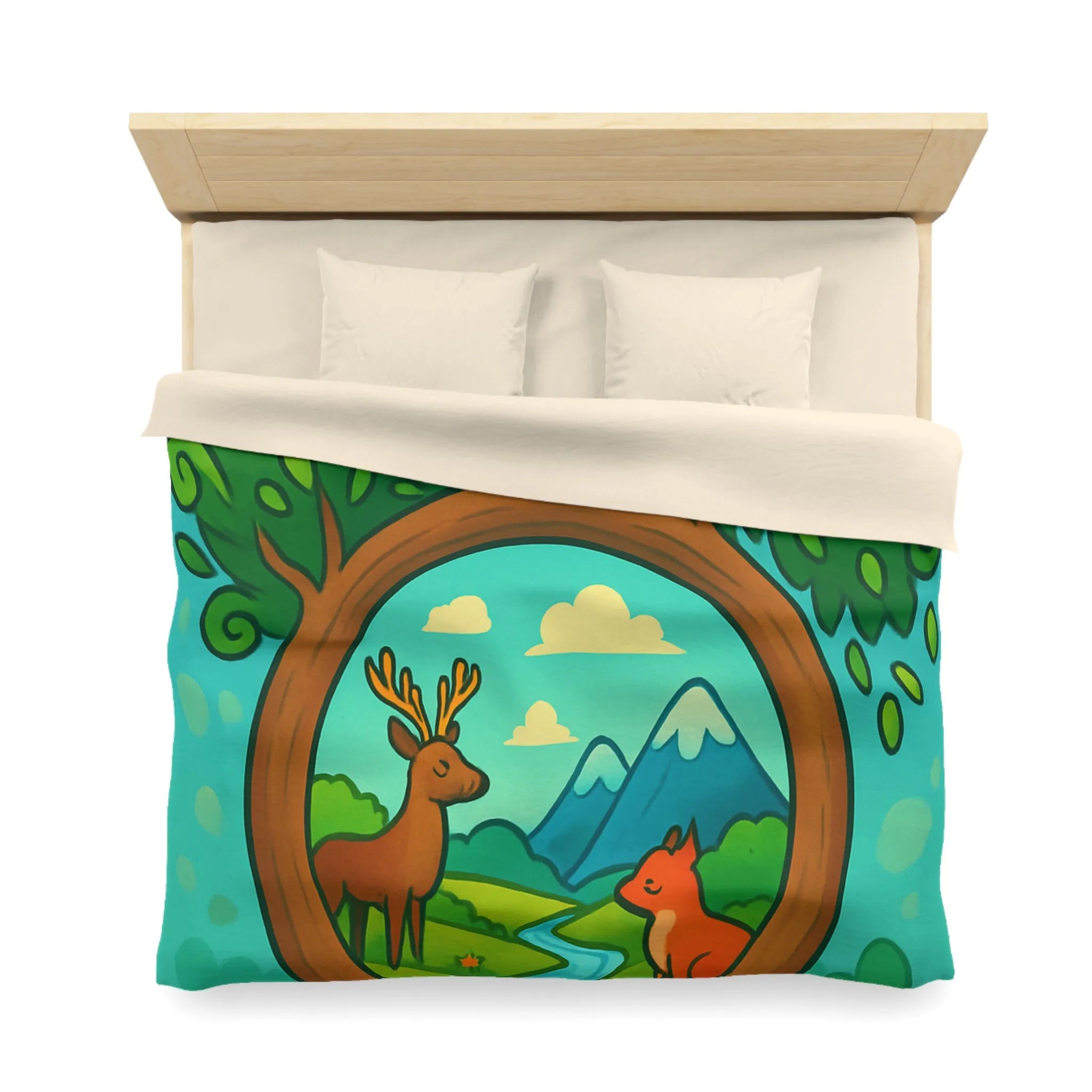 Housse de couette forêt magique avec cerf et renard, design nature peint à la main