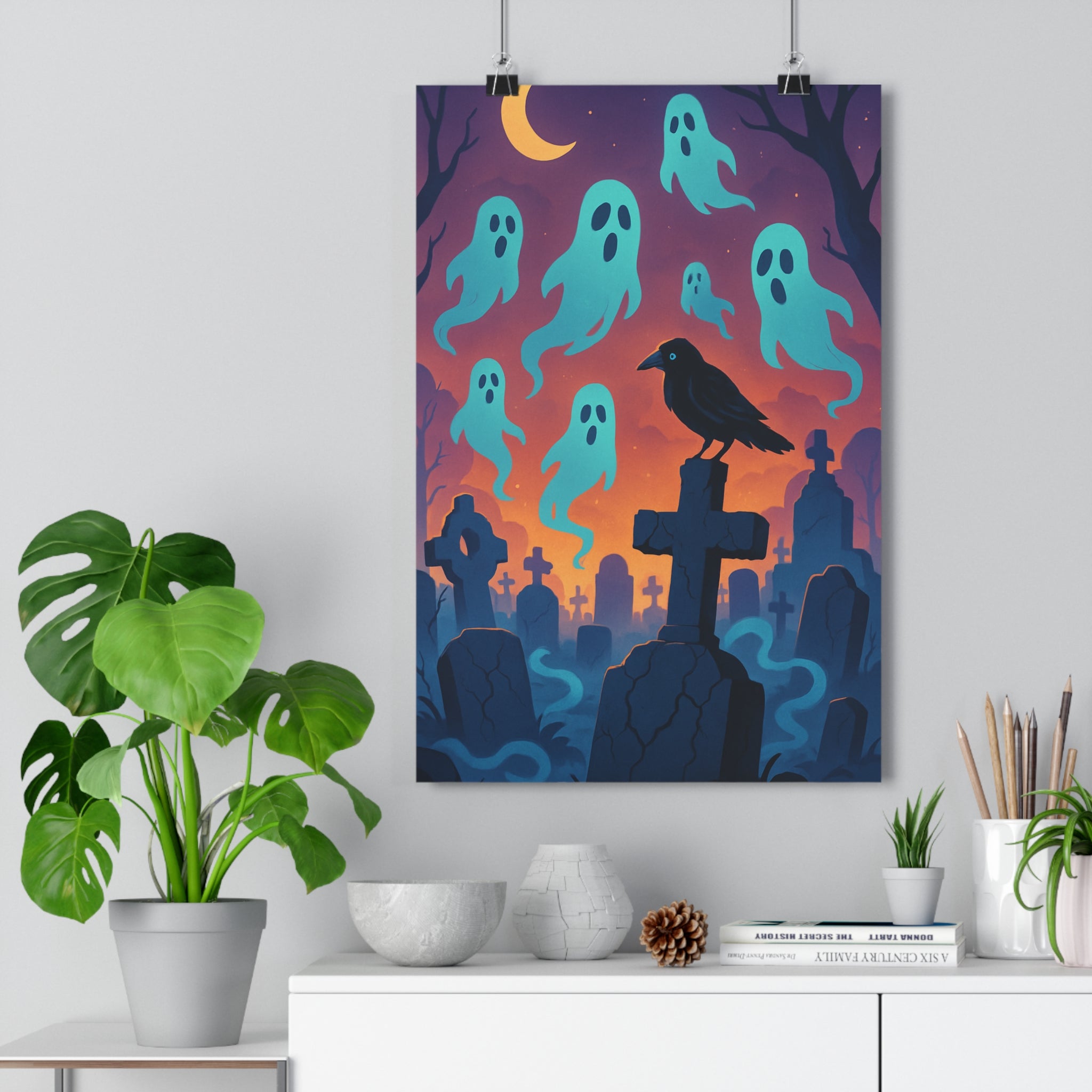Poster décoratif crépusculaire bleu orange cartoon mystique gothique cimetière fantôme corbeau chambre salon unique