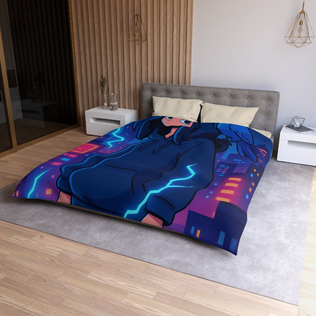 Tendance housse de couette bleu foncé avec motif urbain et perroquet électrique