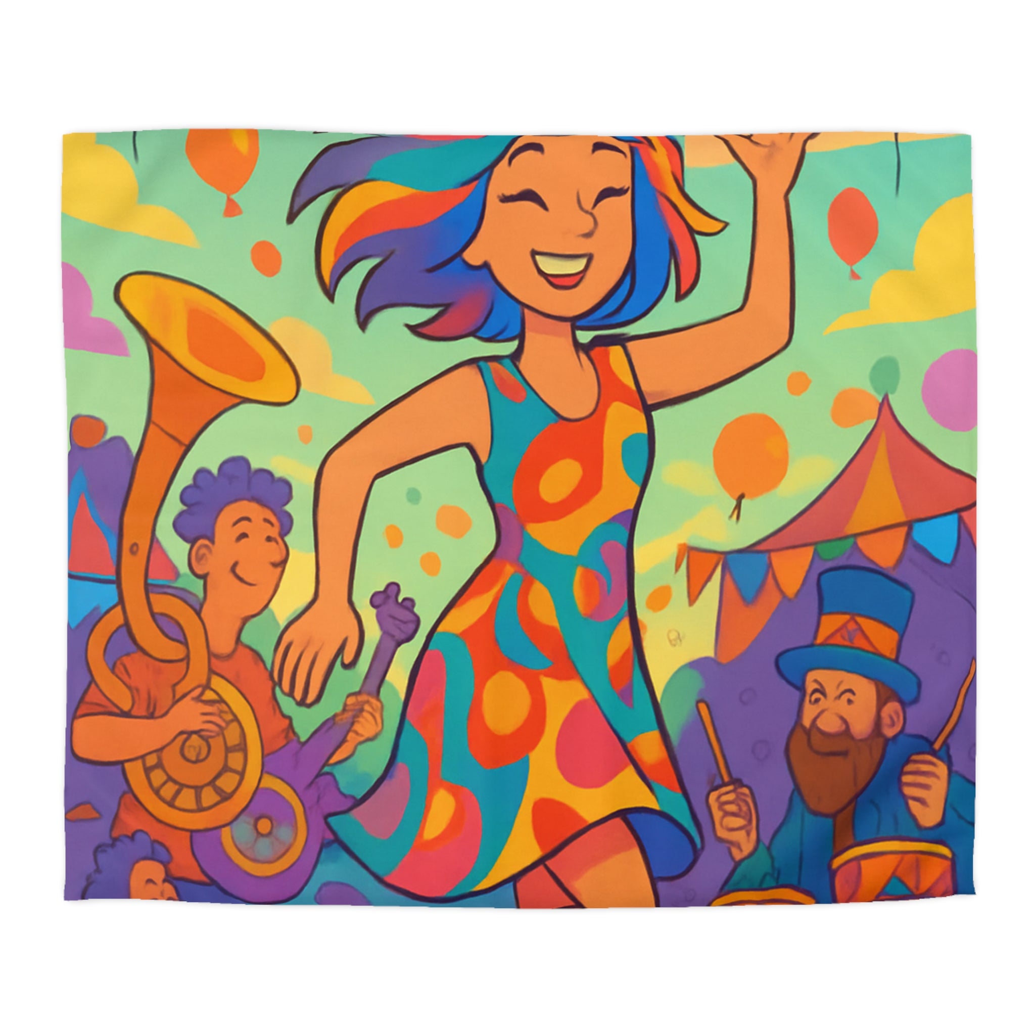 Housse de couette multicolore avec motif de fête joyeuse et personnages dansants