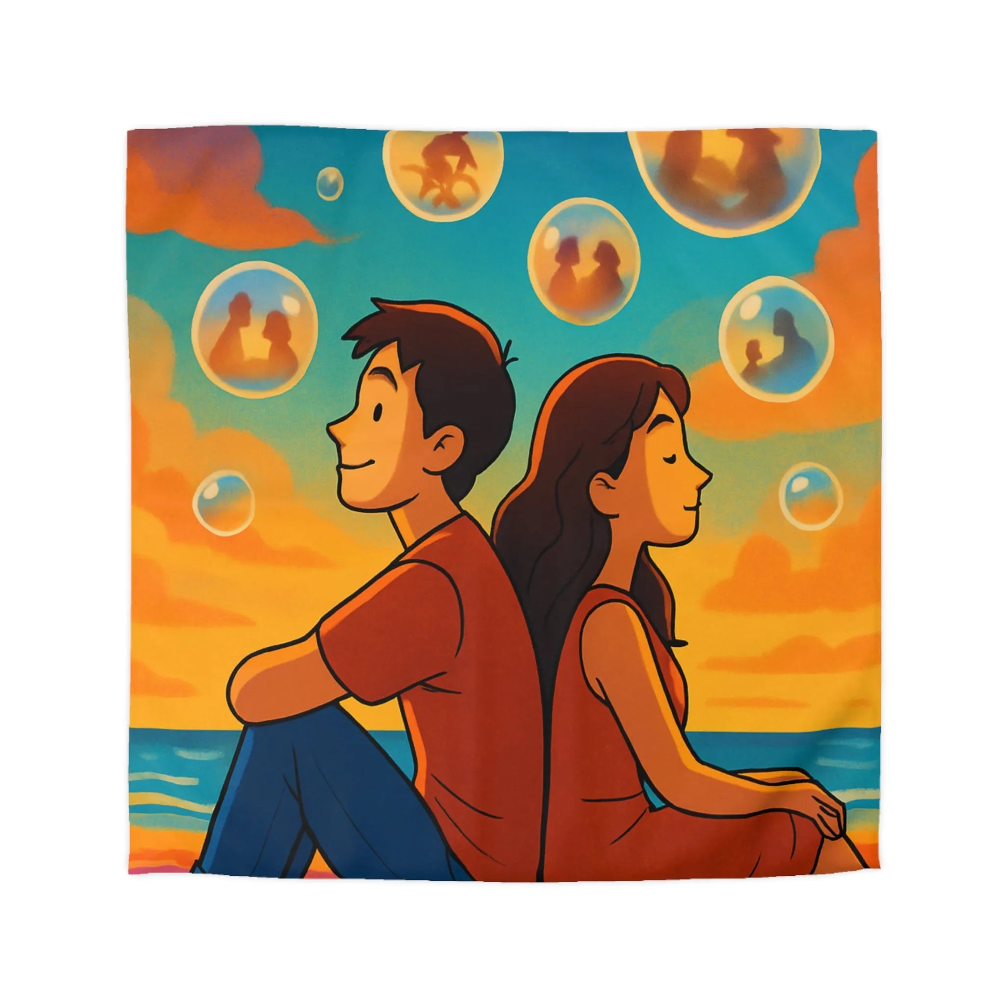 Housse de couette colorée avec illustration de bulles rêveuses au coucher de soleil