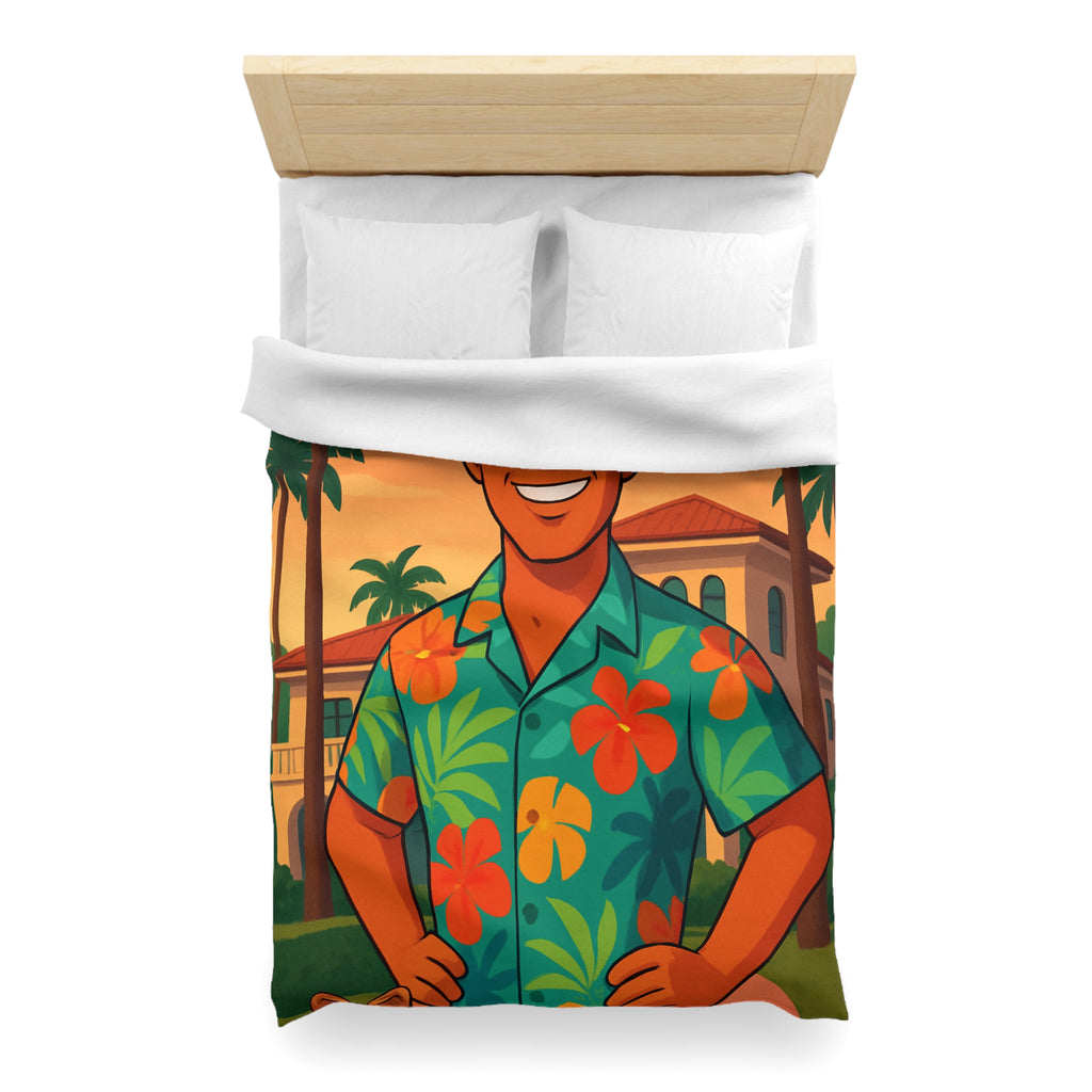 Housse de couette tropicale avec personnage souriant en chemise hawaïenne et palmiers