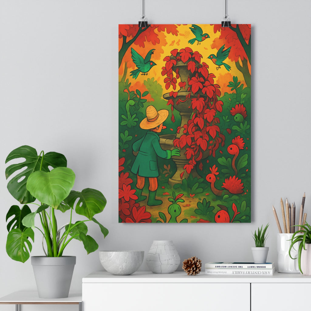 Poster décoratif jardin automnal mystique conte fées salon chambre magique couleurs vives chapeau personnage