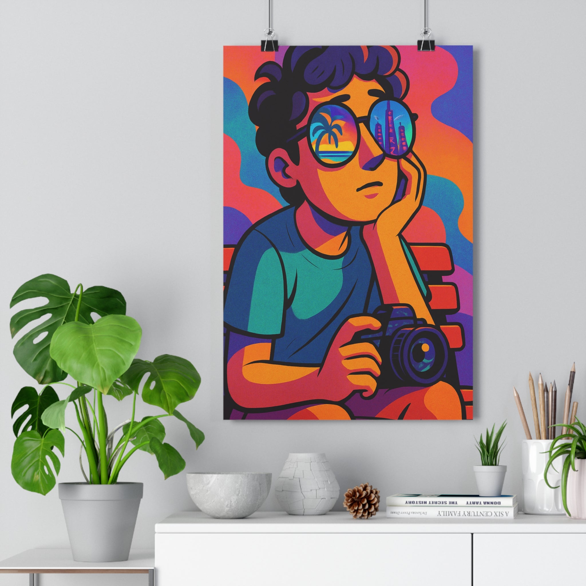 Poster décoratif anime moderne dynamique rêveur garçon lunettes photo plage palmiers contrasté salon chambre