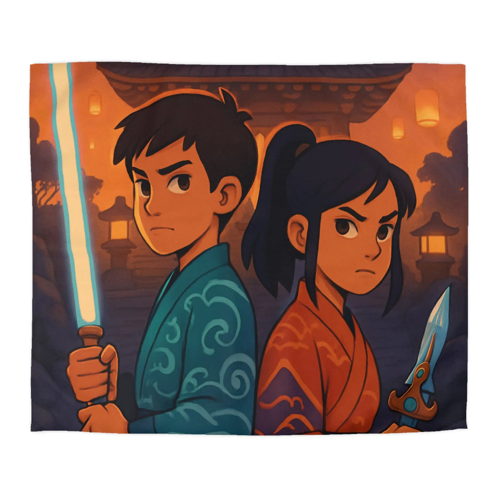 Housse de couette avec enfants guerriers, lanterne céleste, temple ancien, ambiance mystique