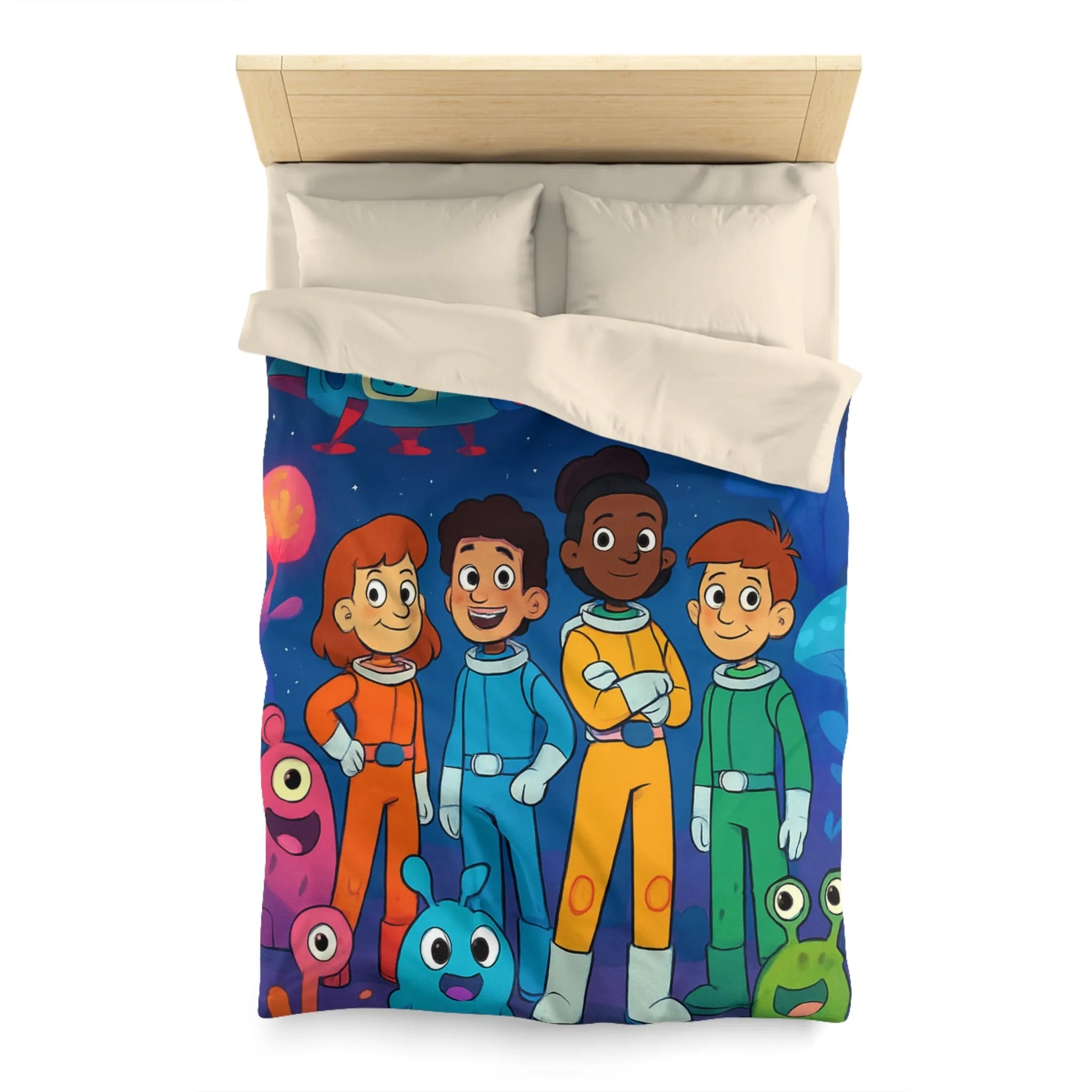 Housse de couette enfant astronaute avec planète, fusée et créatures extraterrestres colorées