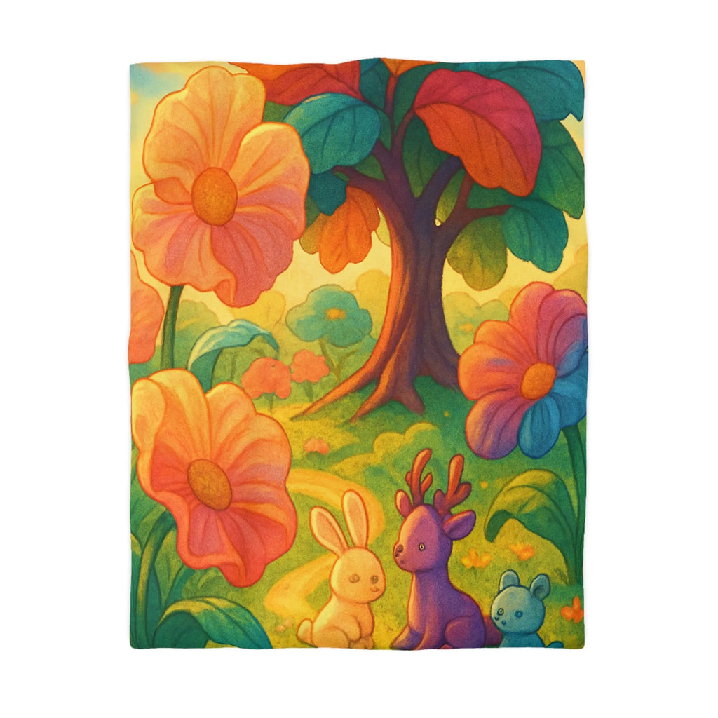 Housse de couette avec animaux mignons et fleurs colorées dans une forêt féerique