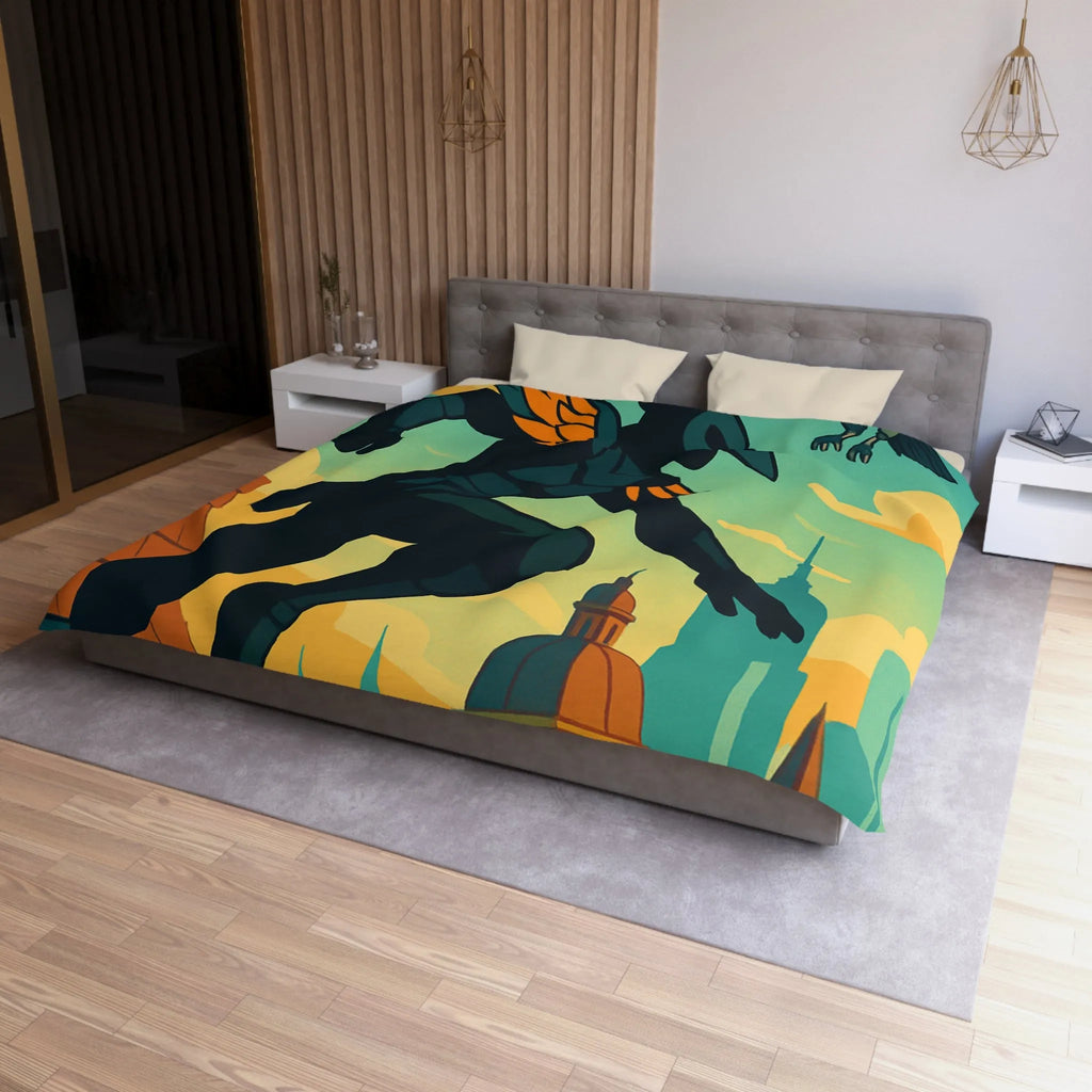 Housse de couette artistique avec silhouette et oiseau sur un toit urbain animé