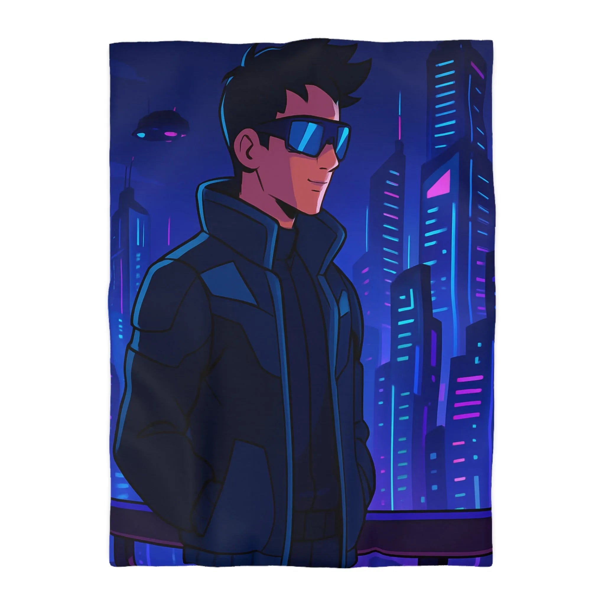 Futuriste Housse de Couette avec Ville Brillante et Homme Élégant en Lunettes