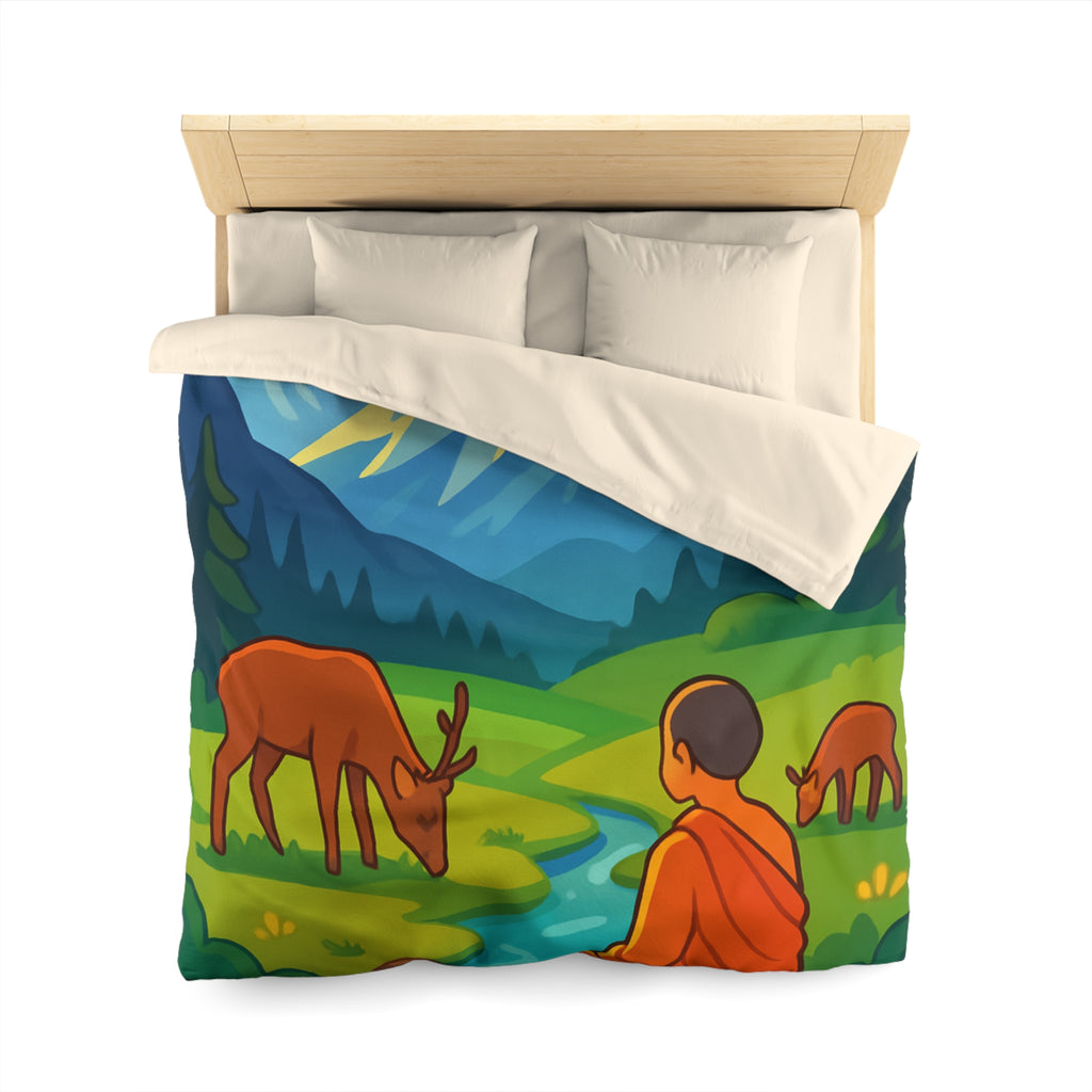 Housse de couette zen avec paysage montagneux, moine, cerfs et rivière tranquille