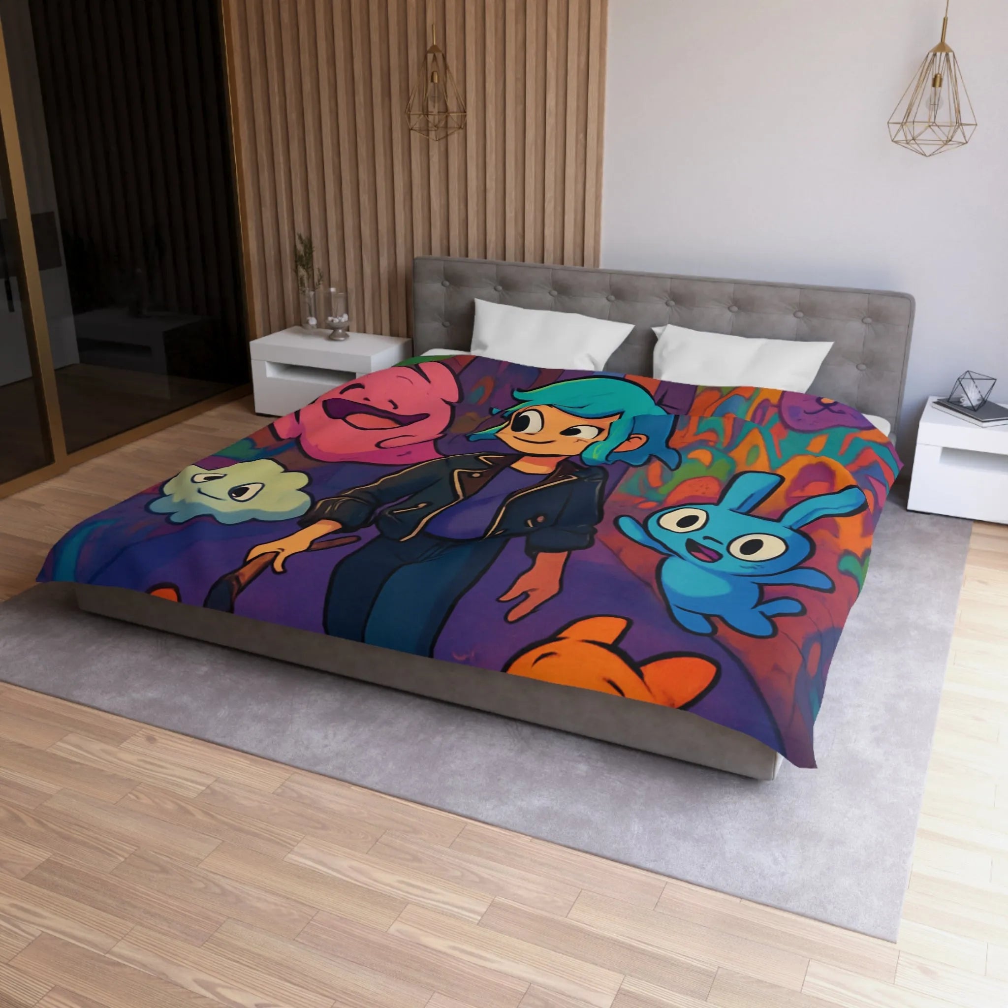 Housse de couette colorée avec personnages fantasy dans une ruelle urbaine magique