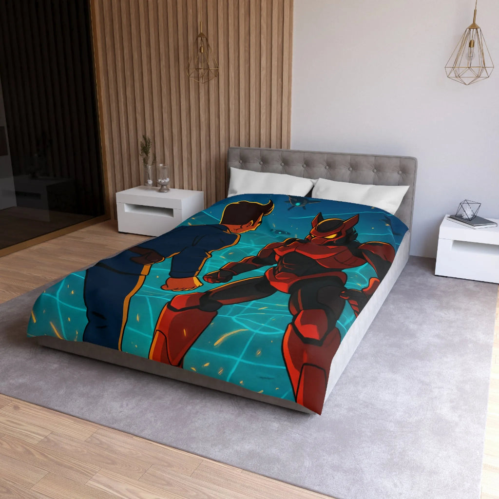 Housse de Couette avec Design Futuriste de Robot et Personnage en Armure Rouge