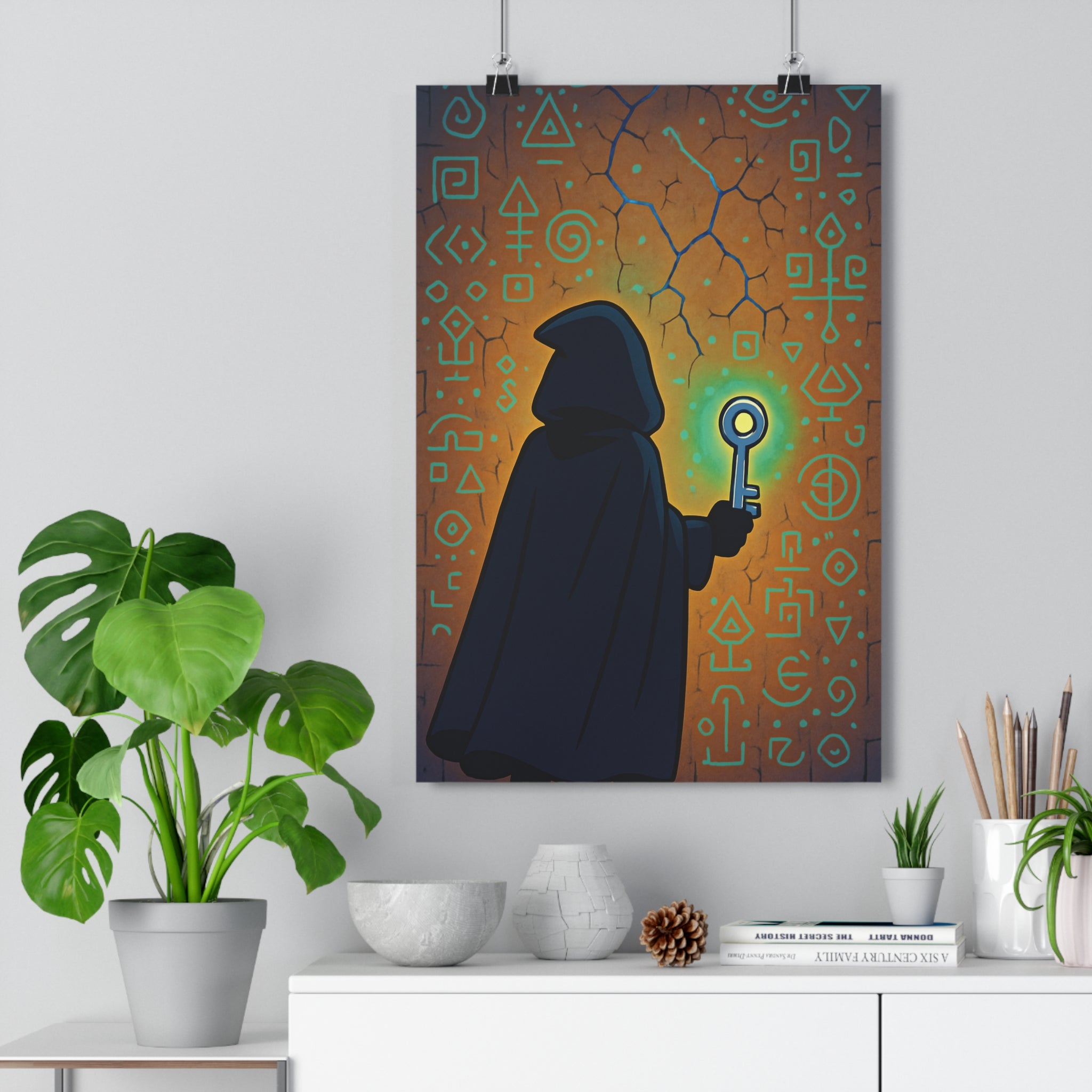 Poster décoratif mystérieux silhouette cape clé lumineuse symboles mystiques mur craquelé cartoon chambre qualité