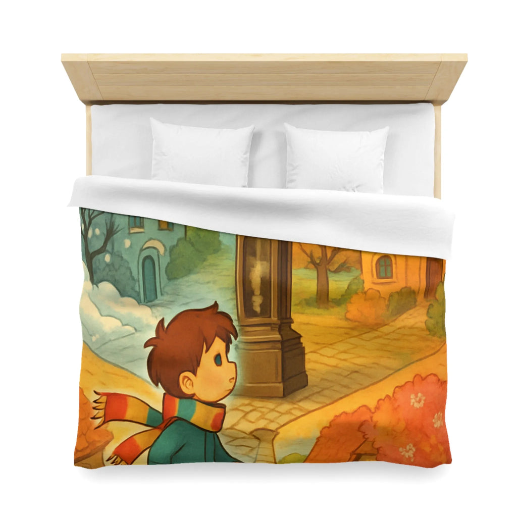 Housse de Couette Enfant Colorée avec Scène Enchanteresse de Village et Horloge Fantaisiste