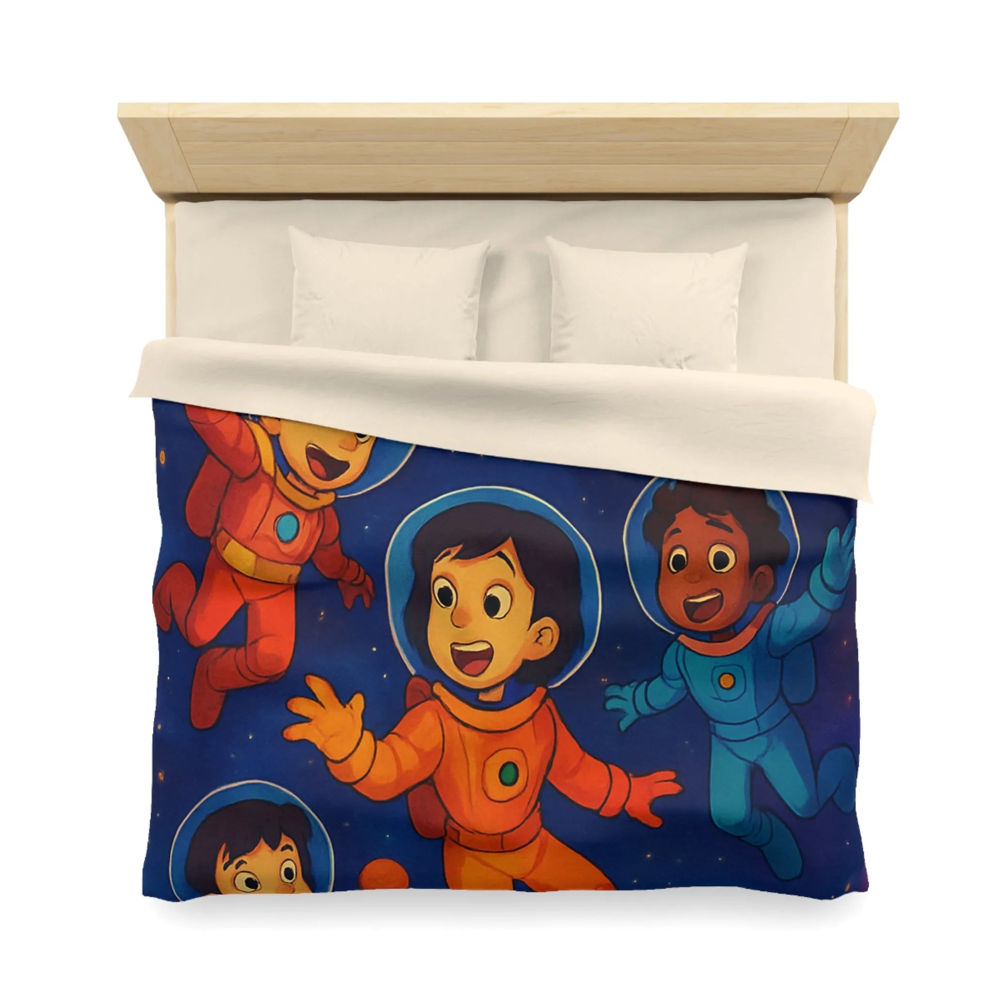 Housse de couette enfants avec astronautes joyeux flottant dans l'espace coloré et planètes