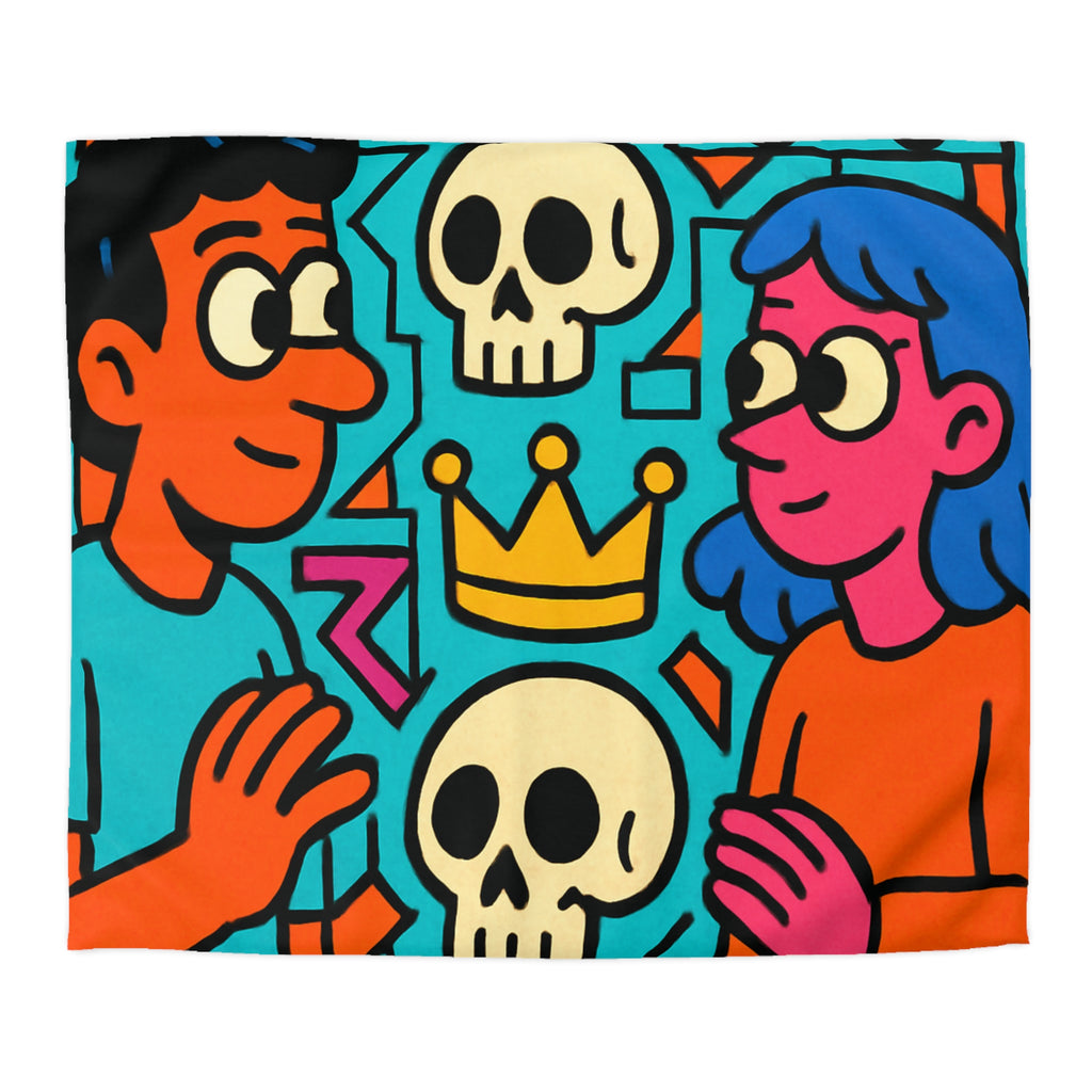 Housse de Couette Pop Art Colorée avec Crânes, Couronnes et Personnages Amusants