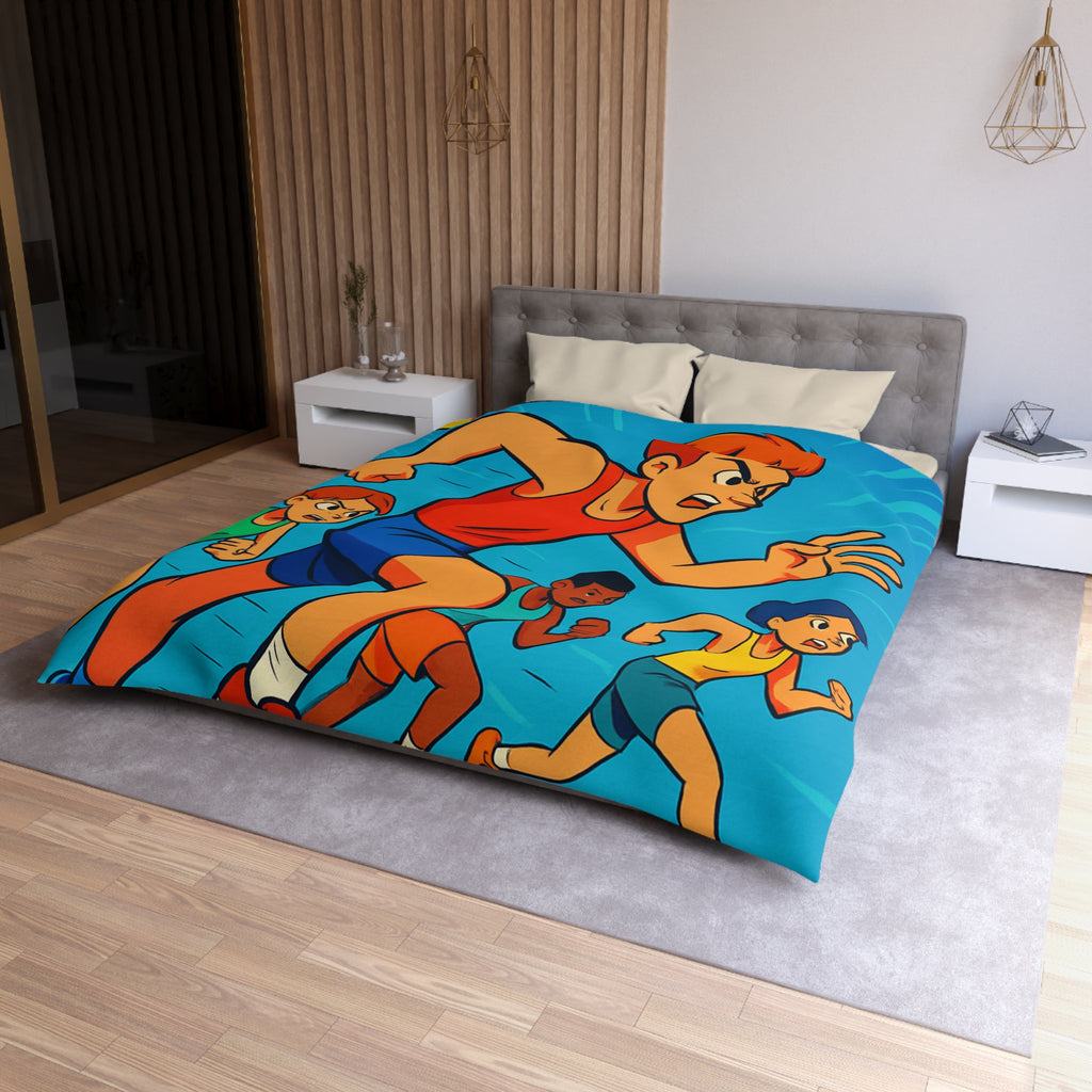 Housse de couette vibrant style bande dessinée enfants courant vers la ligne d'arrivée