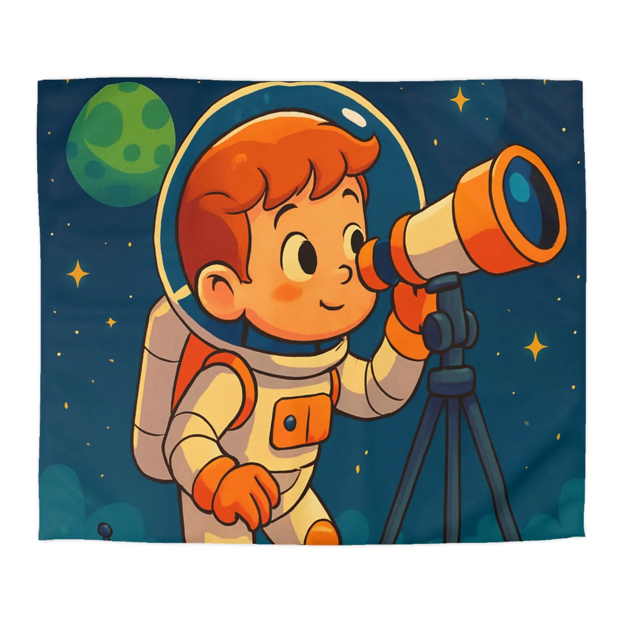 Housse couette enfant astronaute explorant planètes avec télescope carte étoilée