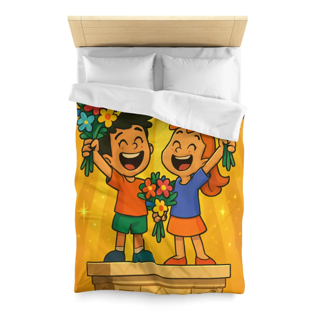 Dessin mignon d'enfants célébrant avec des bouquets de fleurs illuminés de rayons dorés