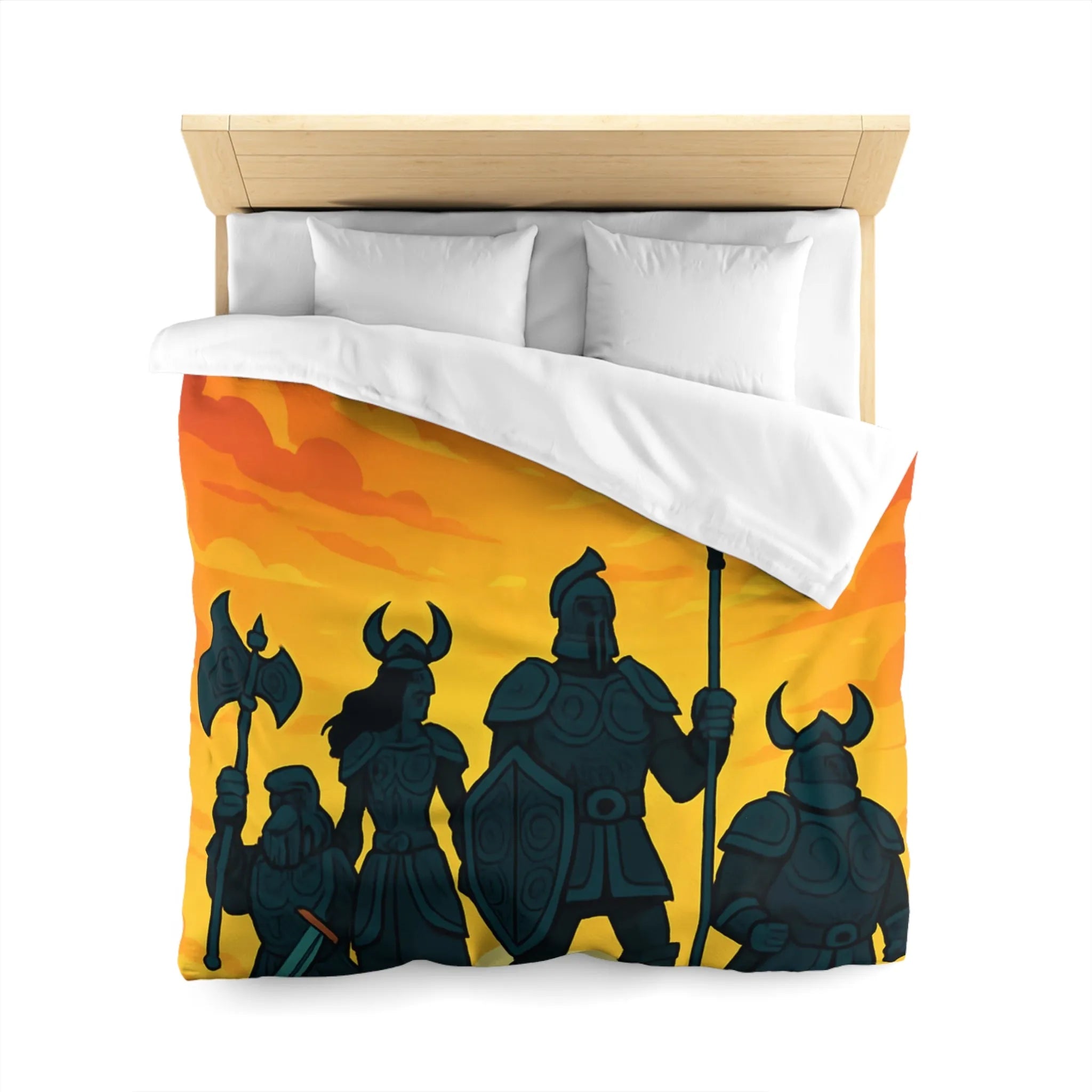 Housse de couette épique avec guerriers sous ciel flamboyant pour décoration médiévale