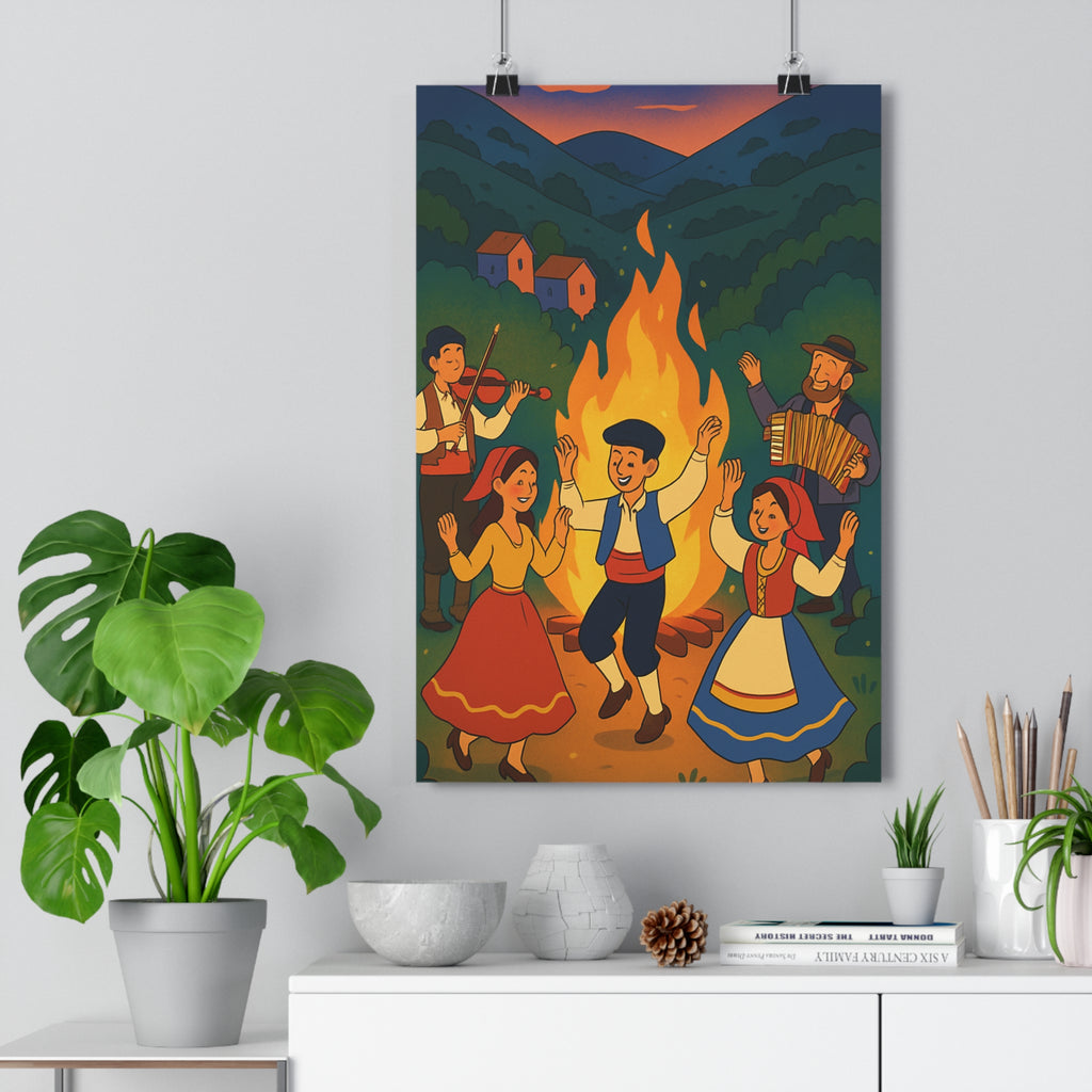 Poster décoratif cartoon jaune orange joyeux salon chambre convivial feu camp musique danse qualité