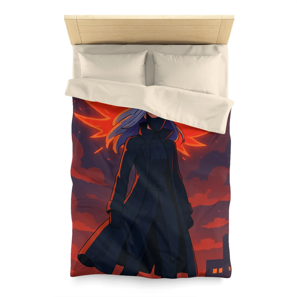 Housse de Couette Gothique avec Figure Angélique Ailée et Ville Enflammée Stylisée