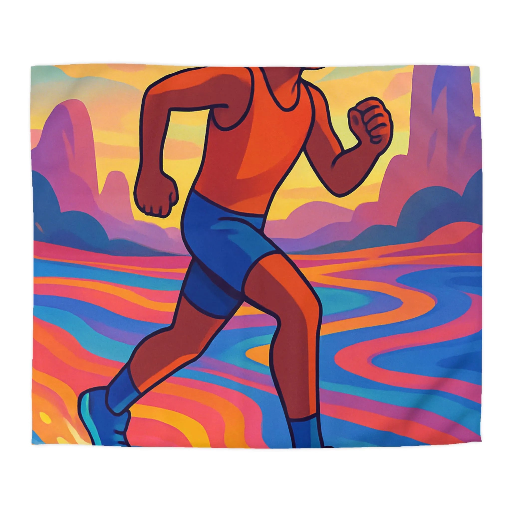 Housse de couette colorée avec silhouette sportive vibrant dans un paysage surréaliste abstrait