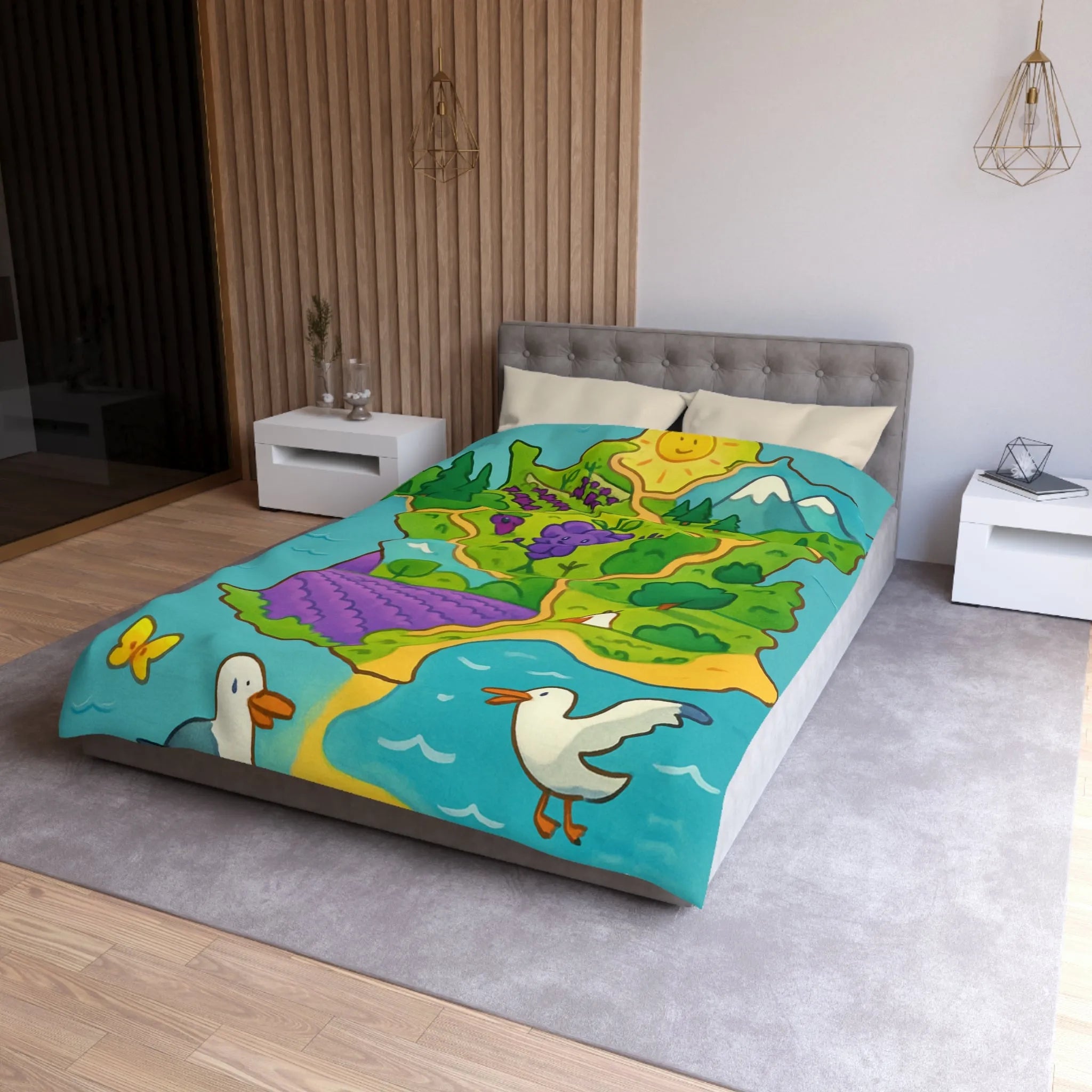 Carte colorée de France illustrée avec paysage ensoleillé et animaux adorables