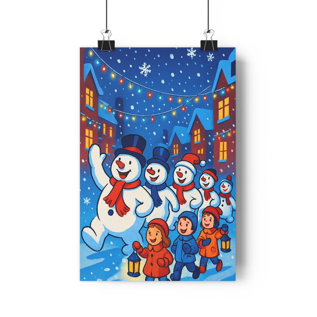Poster décoratif joyeux scène hivernale enfant manteaux colorés neige lanternes guirlandes lumières multicolores chambre
