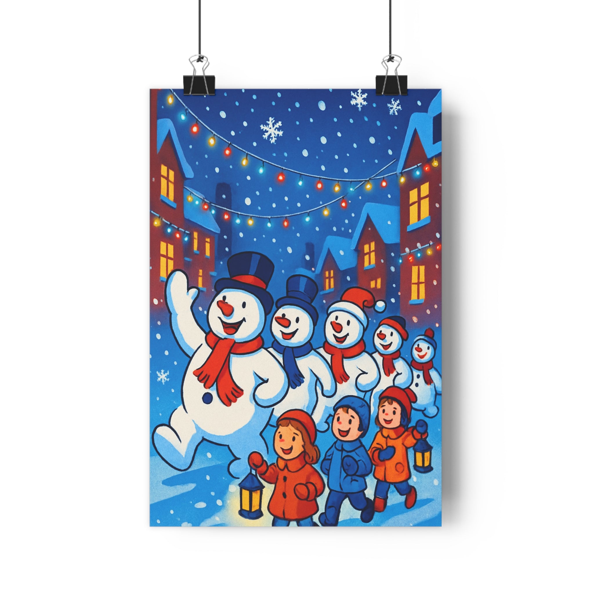 Poster décoratif joyeux scène hivernale enfant manteaux colorés neige lanternes guirlandes lumières multicolores chambre