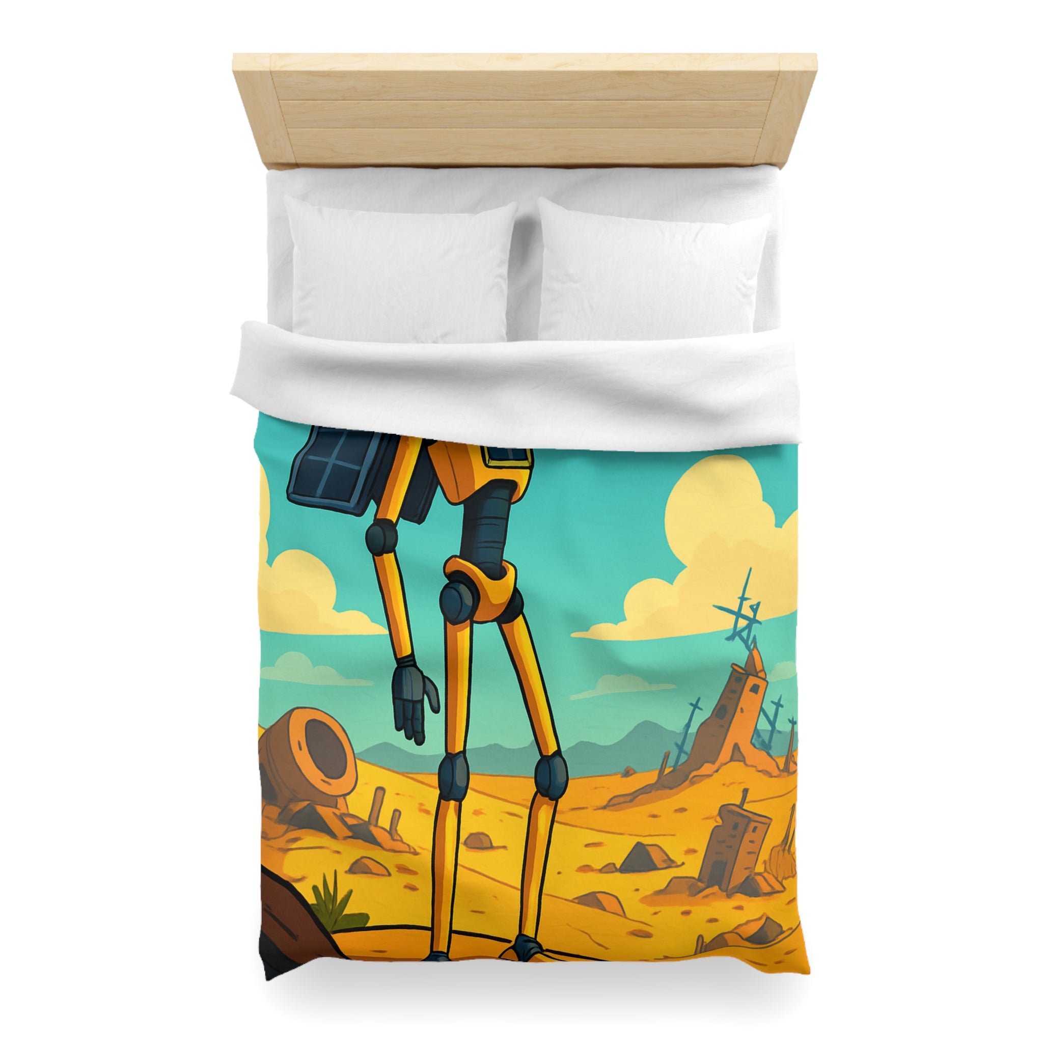 Housse de couette robot jaune explorateur dans désert post-apocalyptique avec oiseau