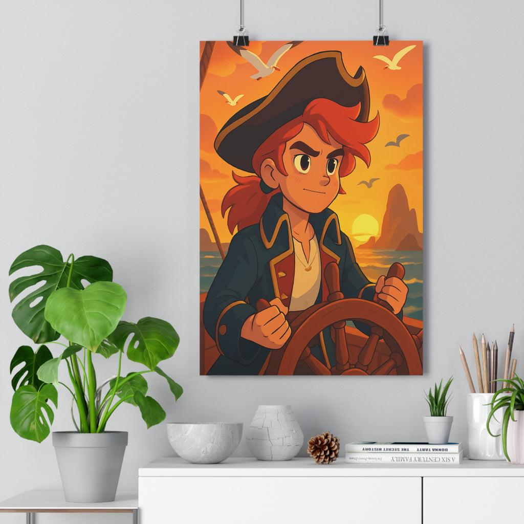 Poster décoratif aventure capitaine mer coucher soleil orange bleu chambre ambiance chaleureuse unique qualité