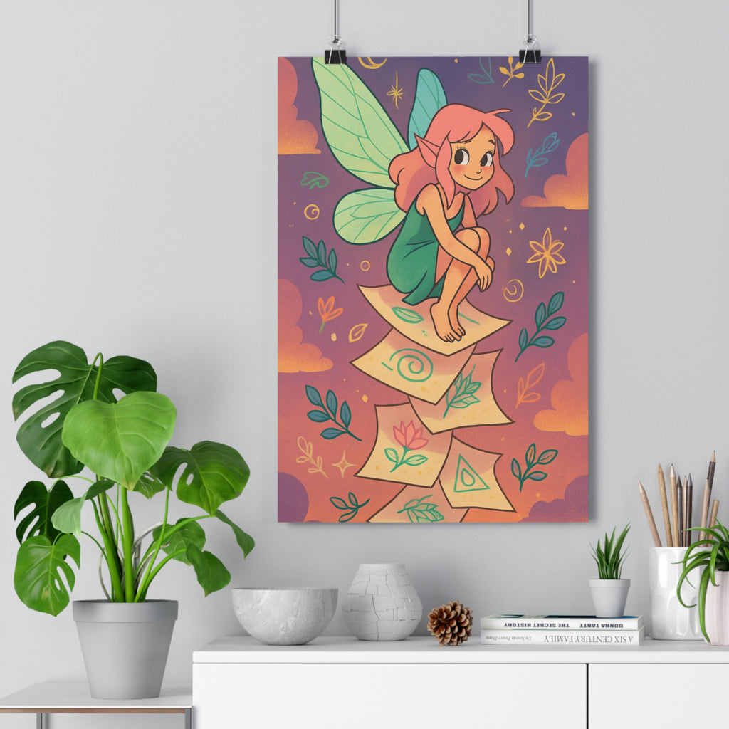 Poster décoratif fantastique fée cheveux roses ailes vertes magique enfant chambre créatif 30x46 ambiance