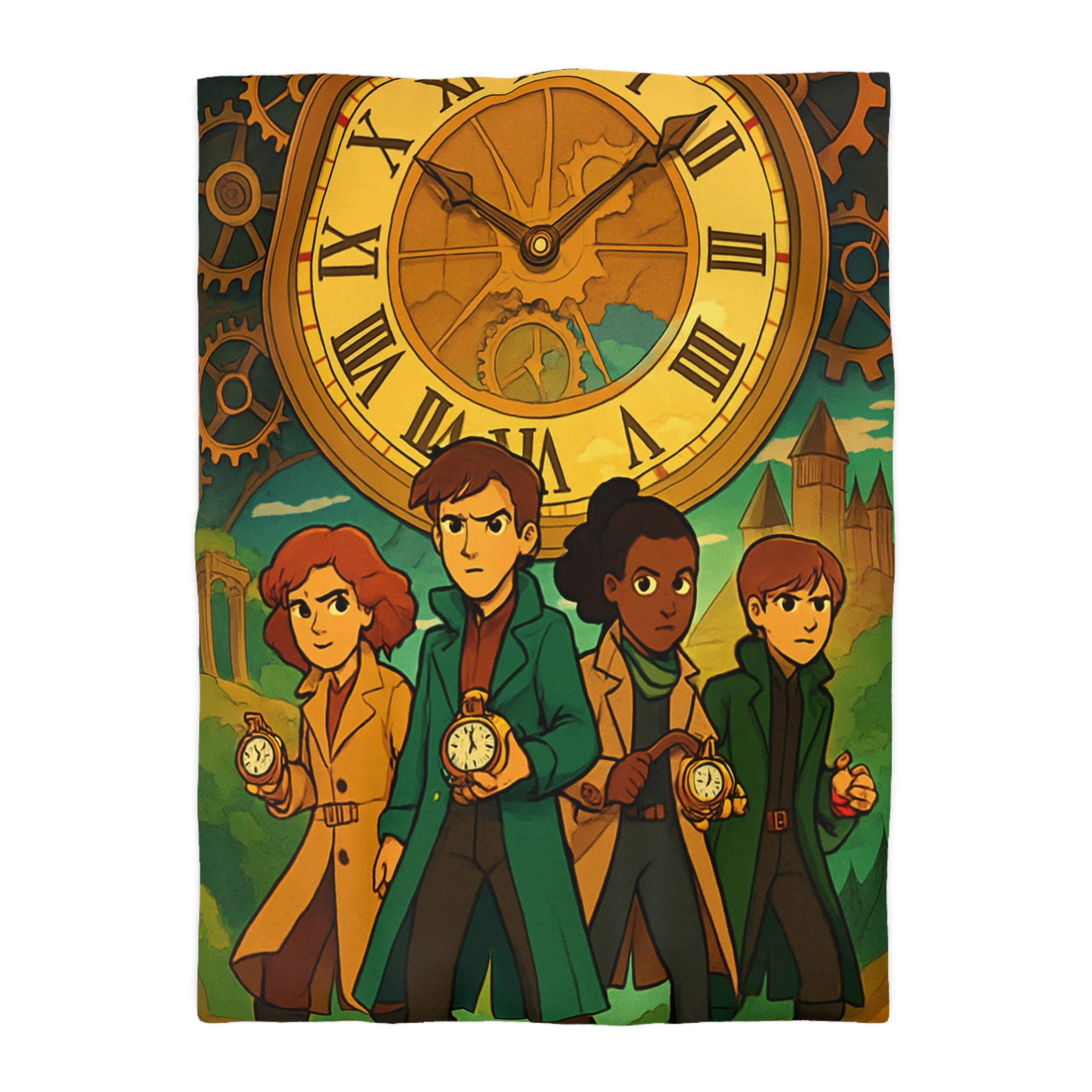 Housse de couette style aventure avec horloge vintage et personnages détectives mystérieux
