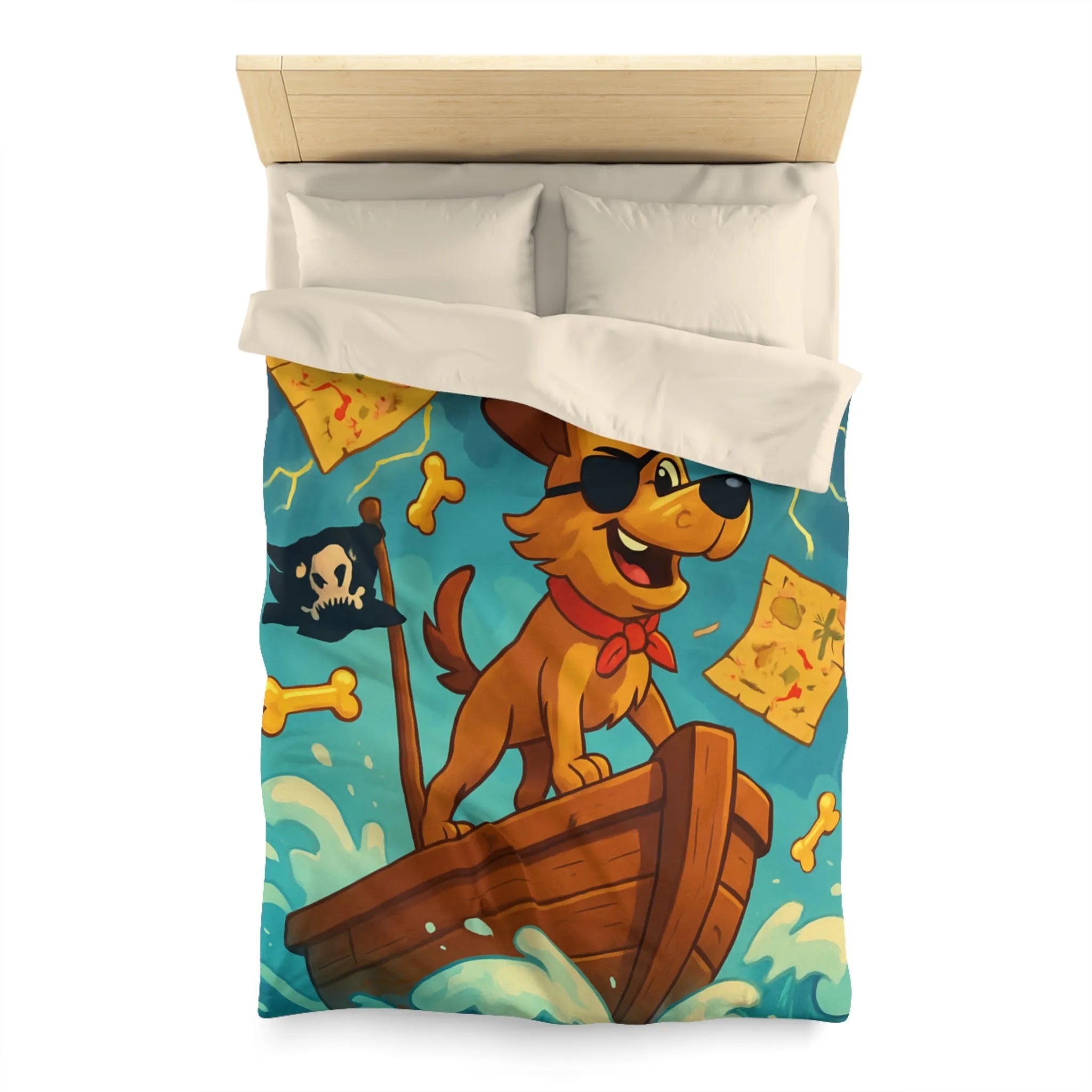 Housse de couette avec chien pirate, mer agitée, cartes et os flottants
