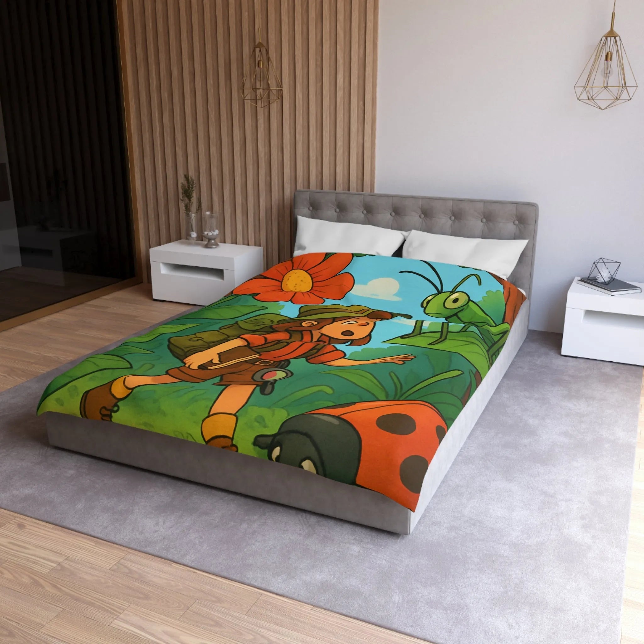 Housse de Couette Enfant Nature avec Exploratrice et Insectes Géants pour Aventure Ludiquement Colorée