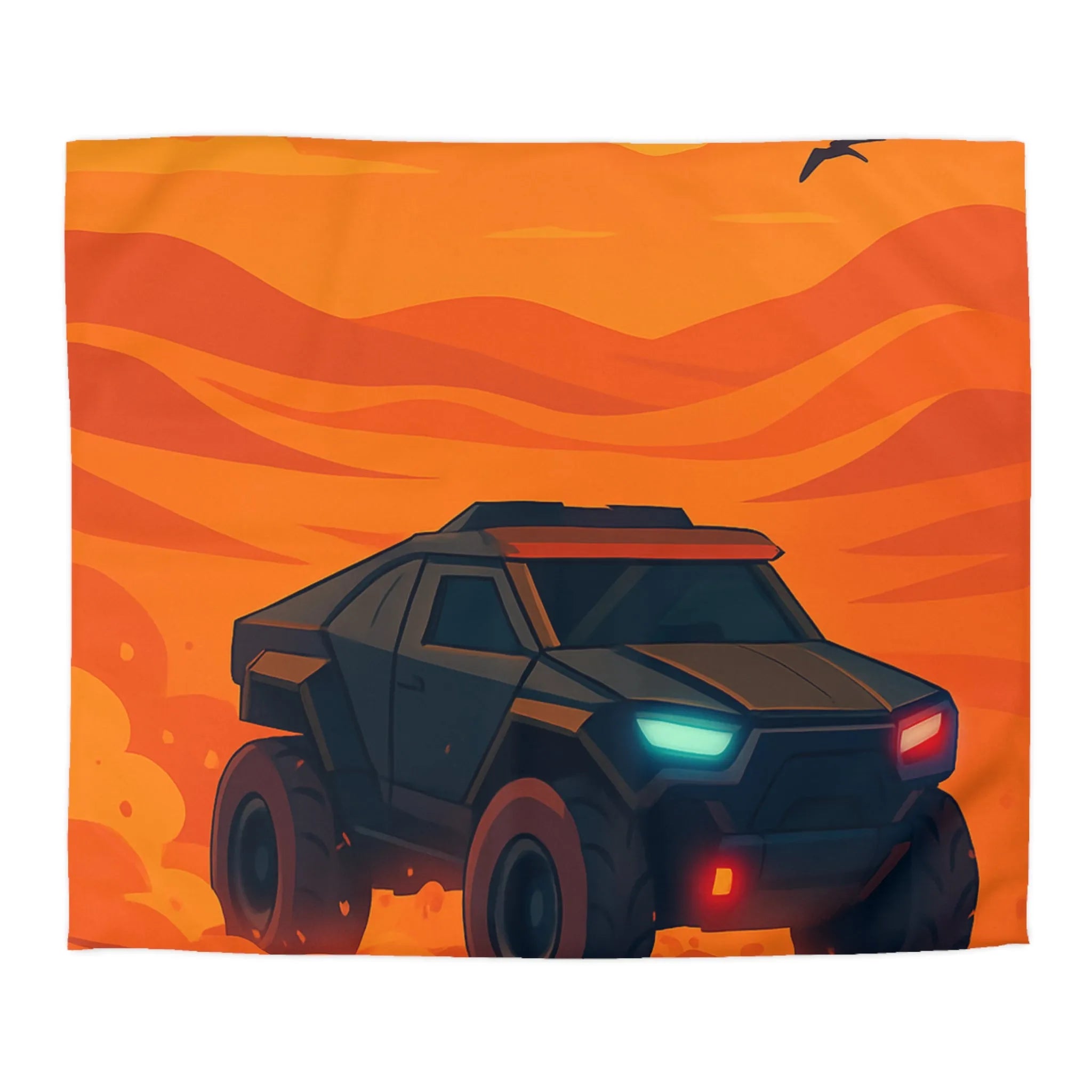 Housse de couette avec design de voiture tout-terrain dans désert orange au coucher du soleil