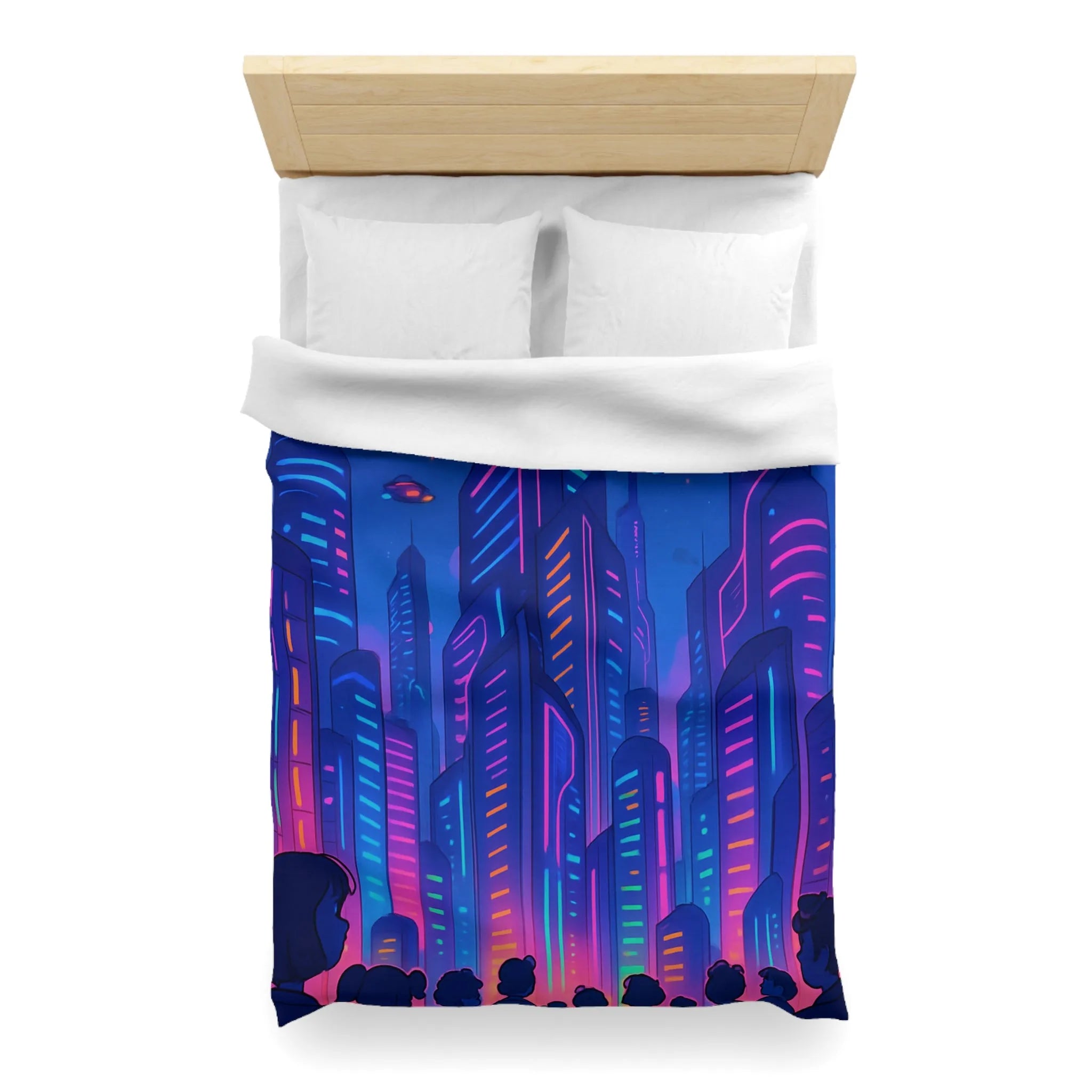 Housse de Couette Futuriste avec Gratte-Ciels Néons et Vaisseaux Spatiaux Lumineux pour Enfants