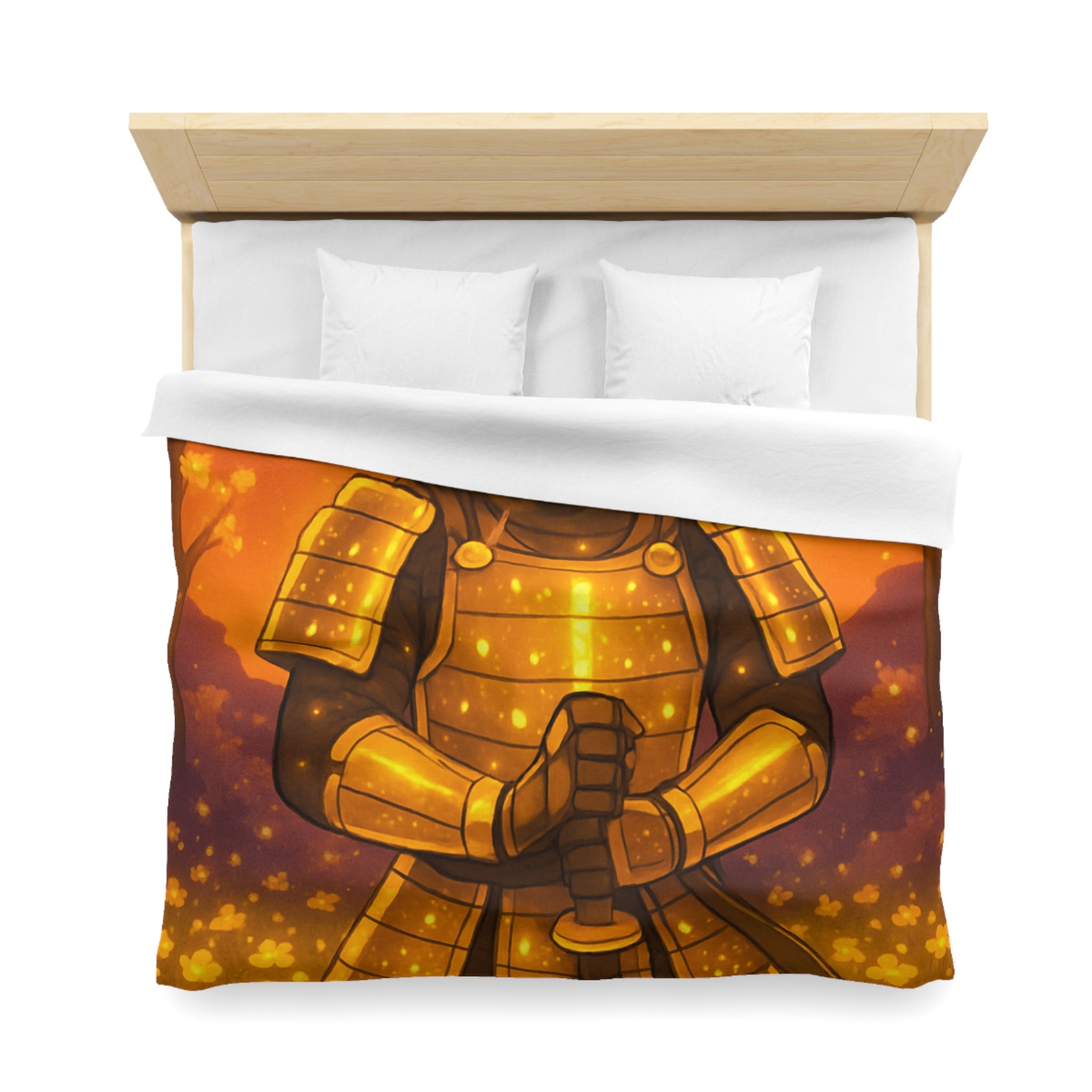 Housse de couette samouraï doré dans forêt magique, ambiance légendaire pour chambre zen