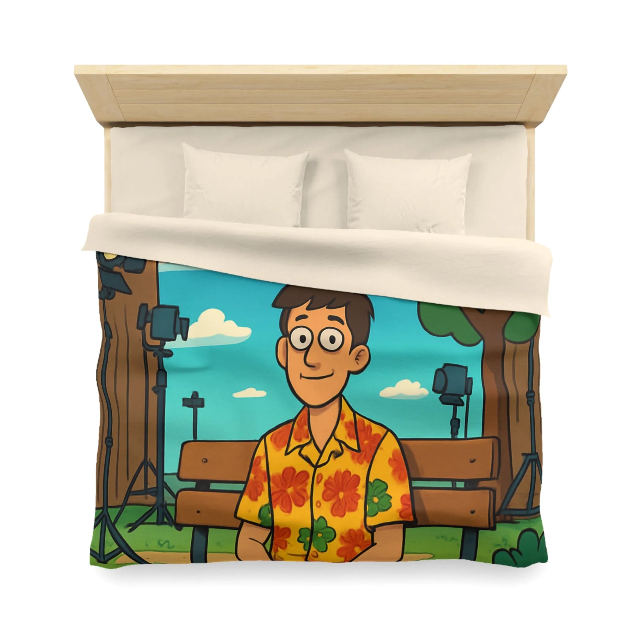 Housse de couette amusante avec motif de banc, homme et oiseaux volants