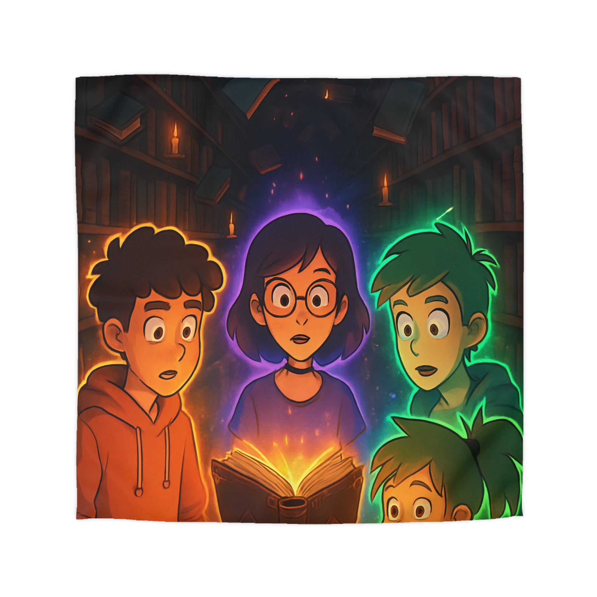 Housse de Couette Mystérieuse avec Enfants Découvrant Livre Magique dans Bibliothèque Enchantée