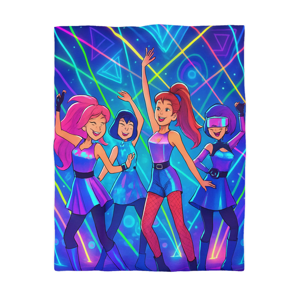 Housse de couette techno disco avec danseuses rétro en néons et figures géométriques