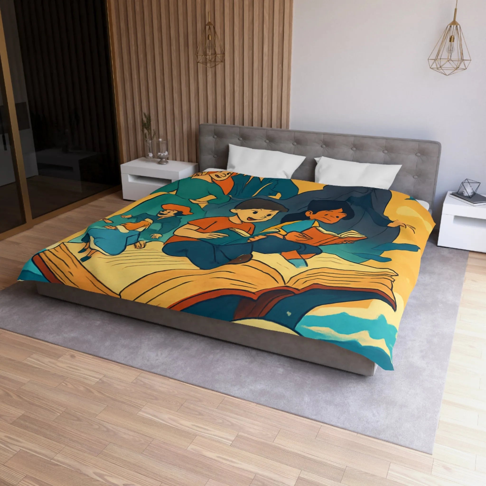 Housse de couette enfant rêve fantastique avec livre, vagues et personnages imaginaires