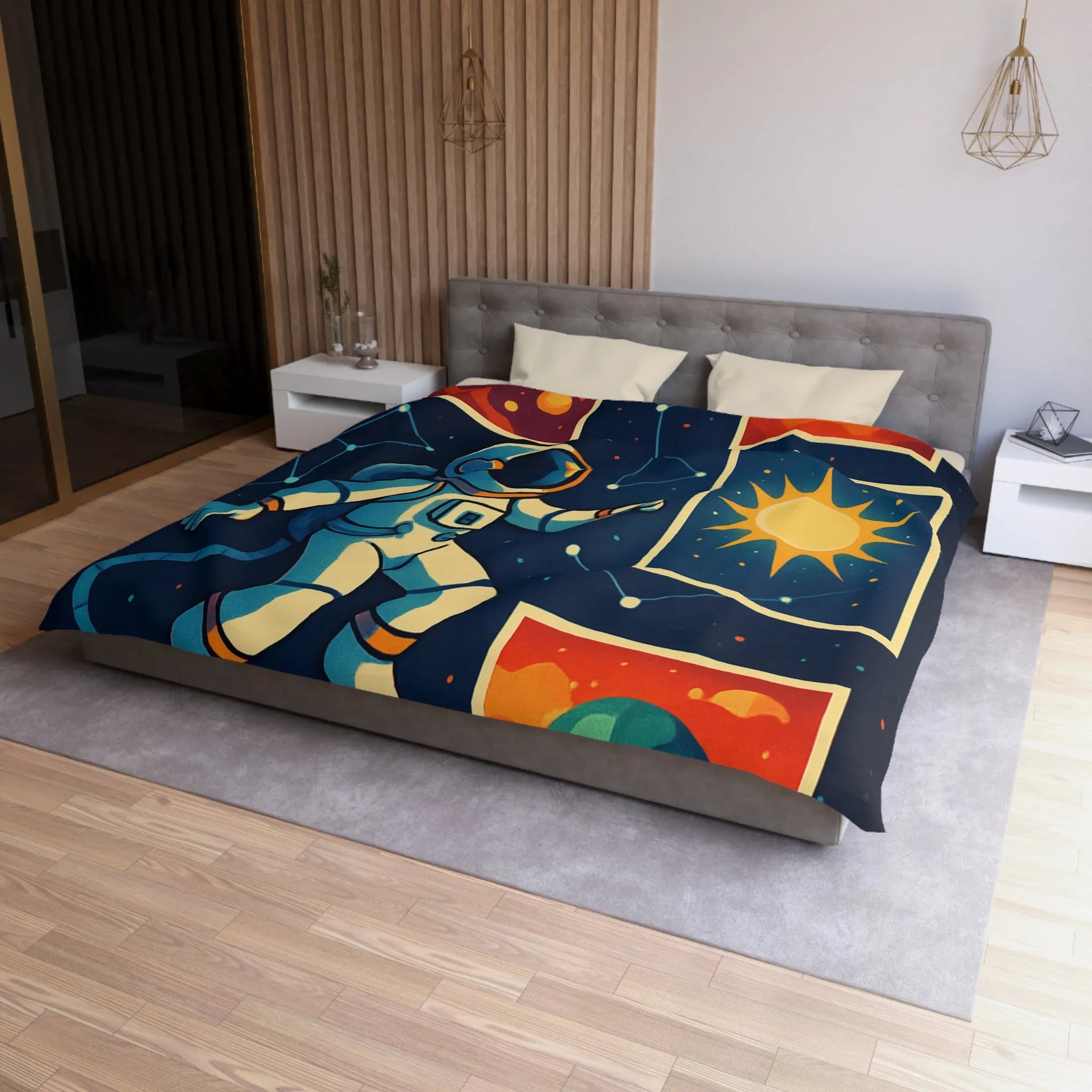 Housse de Couette Espace: Astronaute Flottant parmi Planètes et Constellations, Nuit Étoilée