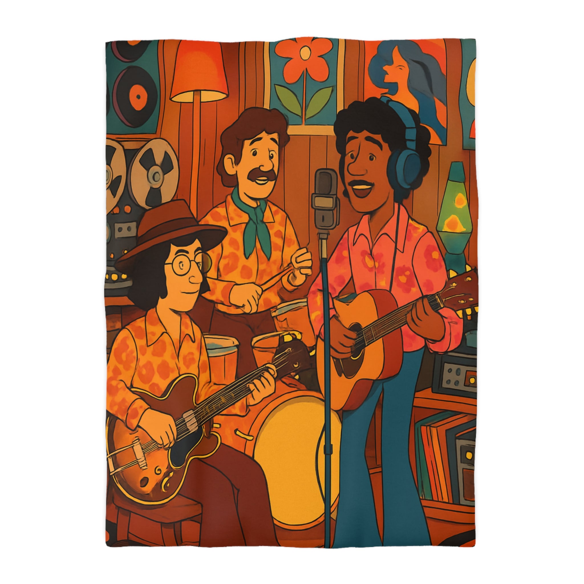 Housse de Couette Vintage avec Musiciens Rétro Jouant de la Guitare et Chanteur